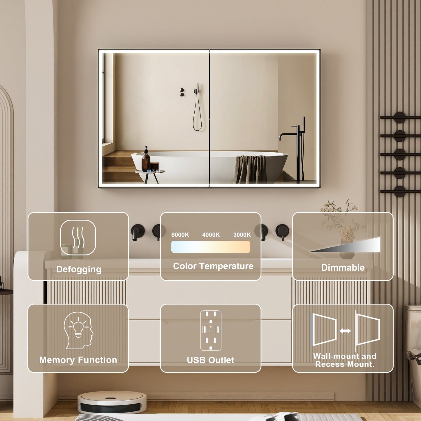 Forclover 48-in x 30-in Lighted LED Fog Free Surface/Recessed Mount Black Mirrored Soft Close Medicine Cabinet with Outlet