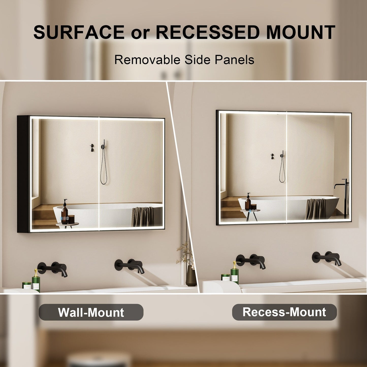 Forclover 48-in x 30-in Lighted LED Fog Free Surface/Recessed Mount Black Mirrored Soft Close Medicine Cabinet with Outlet