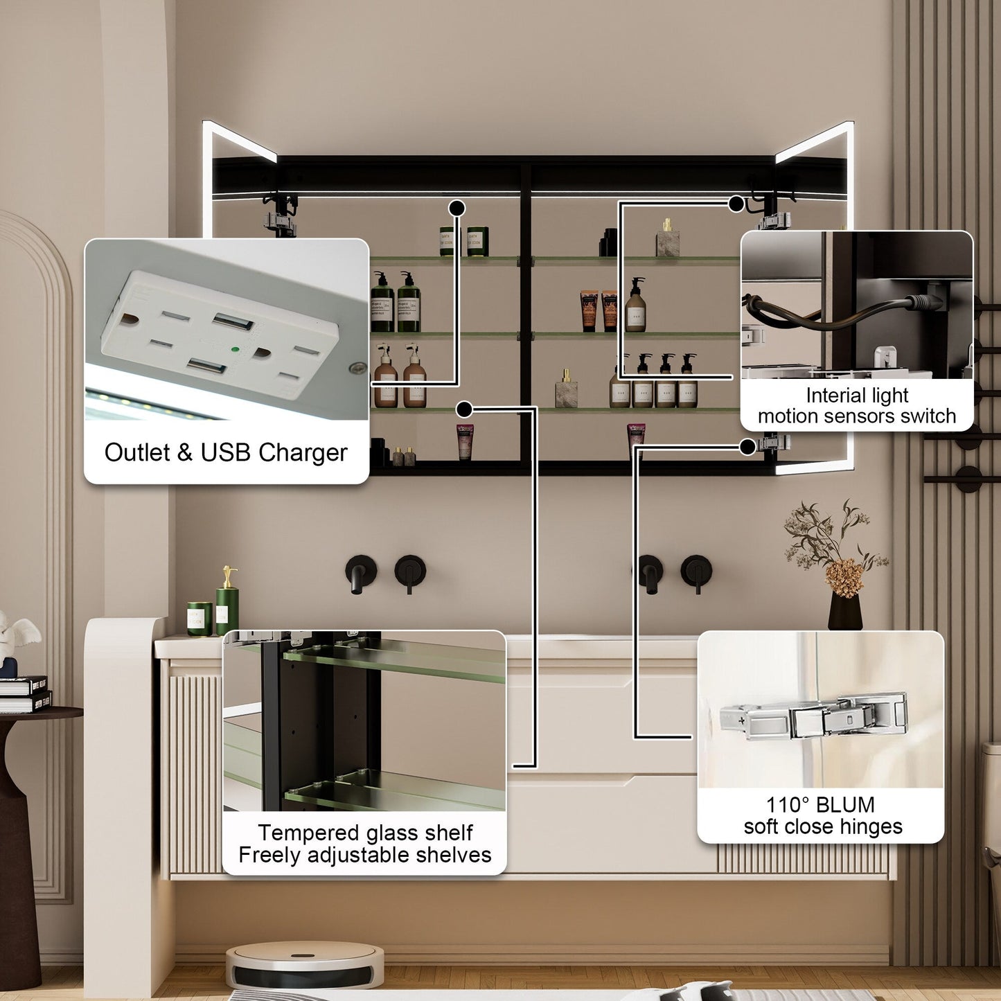 Forclover 48-in x 30-in Lighted LED Fog Free Surface/Recessed Mount Black Mirrored Soft Close Medicine Cabinet with Outlet