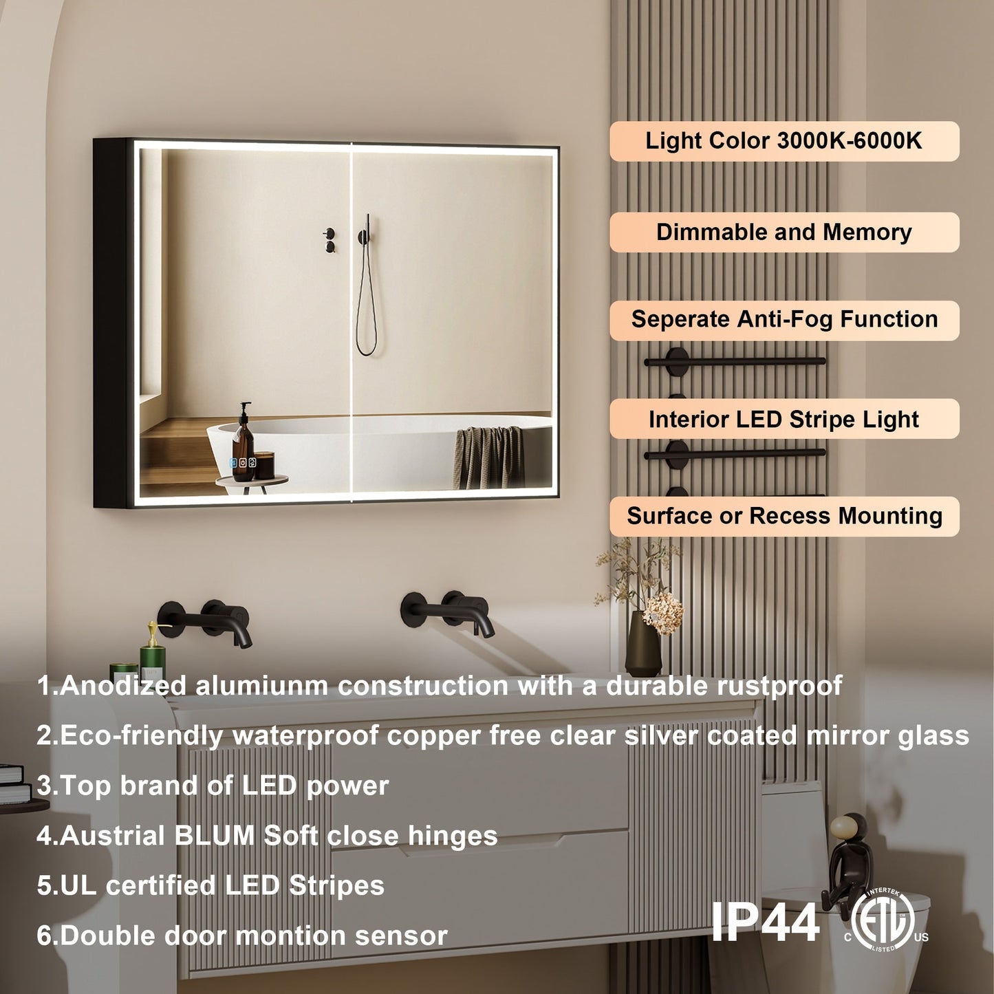 Forclover 48-in x 30-in Lighted LED Fog Free Surface/Recessed Mount Black Mirrored Soft Close Medicine Cabinet with Outlet