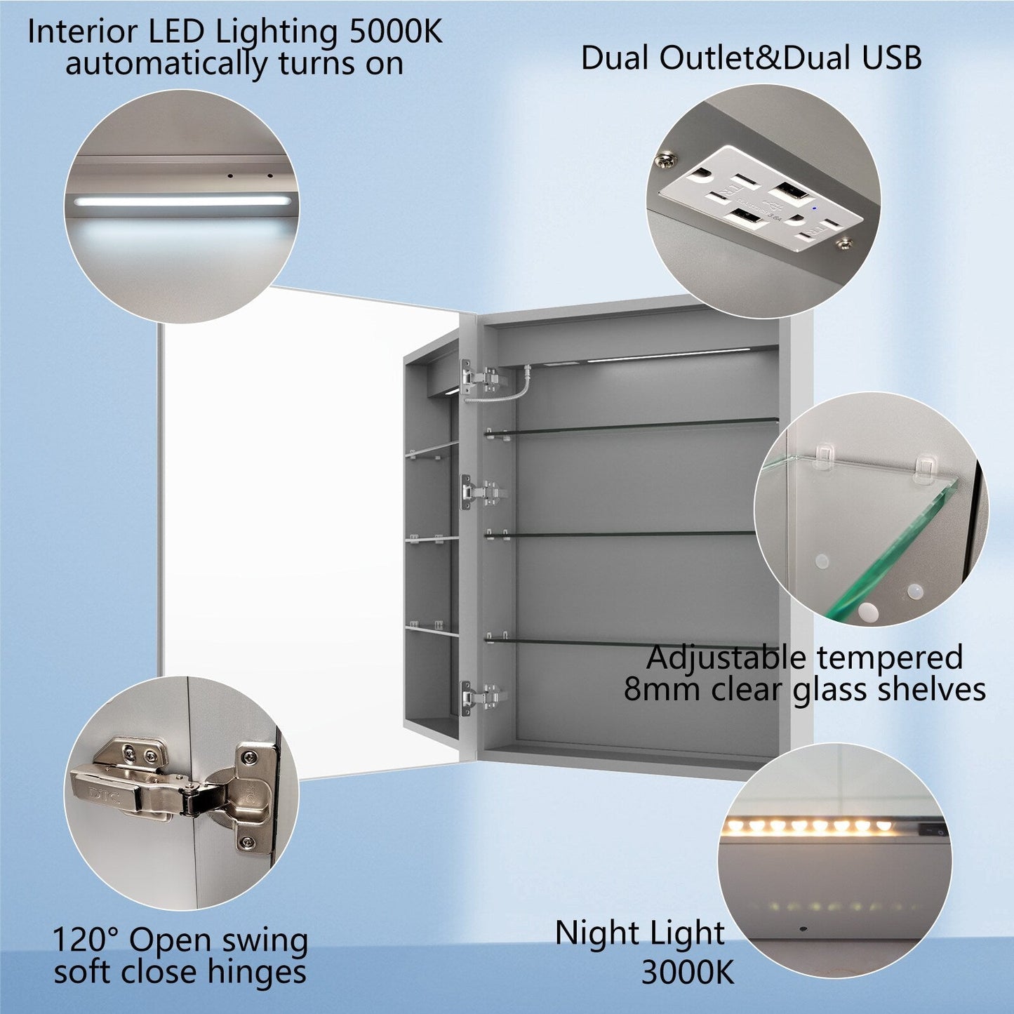 Forclover 24-in x 32-in Lighted LED Fog Free Surface Mount Silver Mirrored Soft Close Medicine Cabinet with Outlet