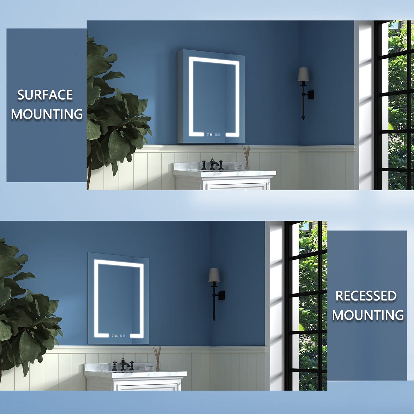 Forclover 24-in x 32-in Lighted LED Fog Free Surface Mount Silver Mirrored Soft Close Medicine Cabinet with Outlet