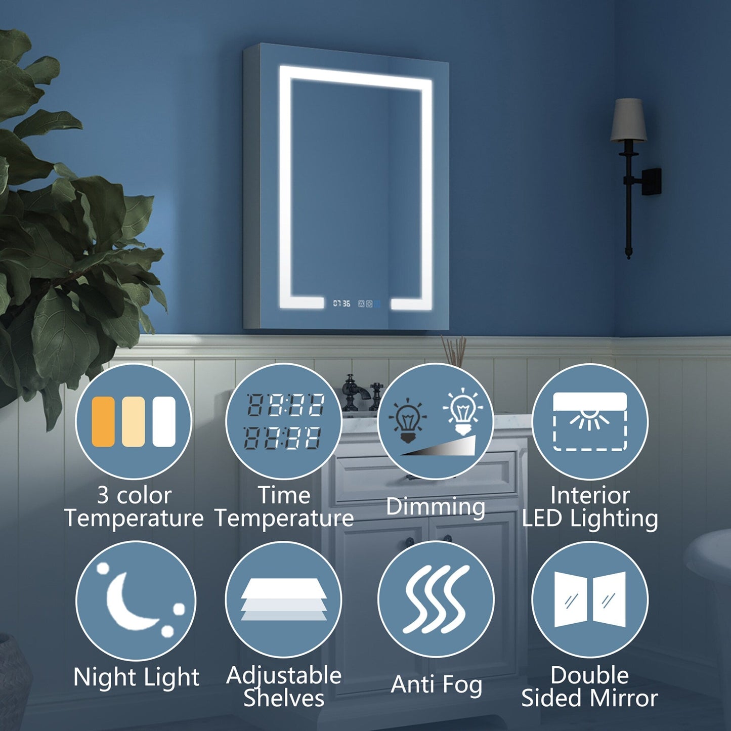 Forclover 24-in x 32-in Lighted LED Fog Free Surface Mount Silver Mirrored Soft Close Medicine Cabinet with Outlet