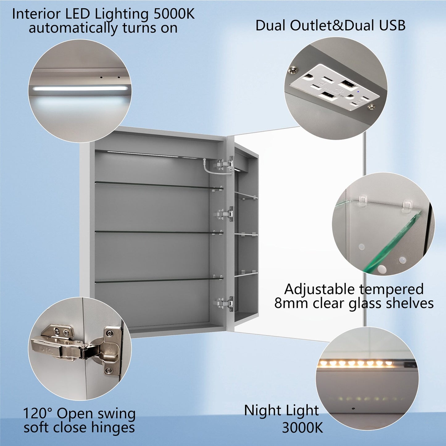 Forclover 24-in x 32-in Lighted LED Fog Free Surface Mount Silver Mirrored Soft Close Medicine Cabinet with Outlet