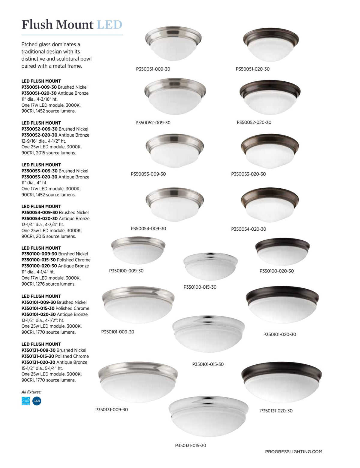 Progress Lighting LED Flush Mount 11-in Brushed Nickel Integrated LED, 3000K, 90 CRI
