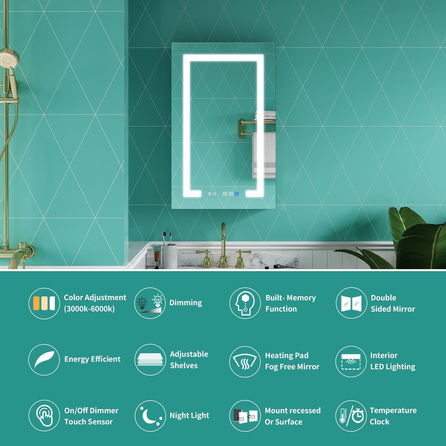 ExBrite Ethos 20-in x 32-in Lighted LED Fog Free Surface/Recessed Mount Silver Mirrored Soft Close Medicine Cabinet with Outlet