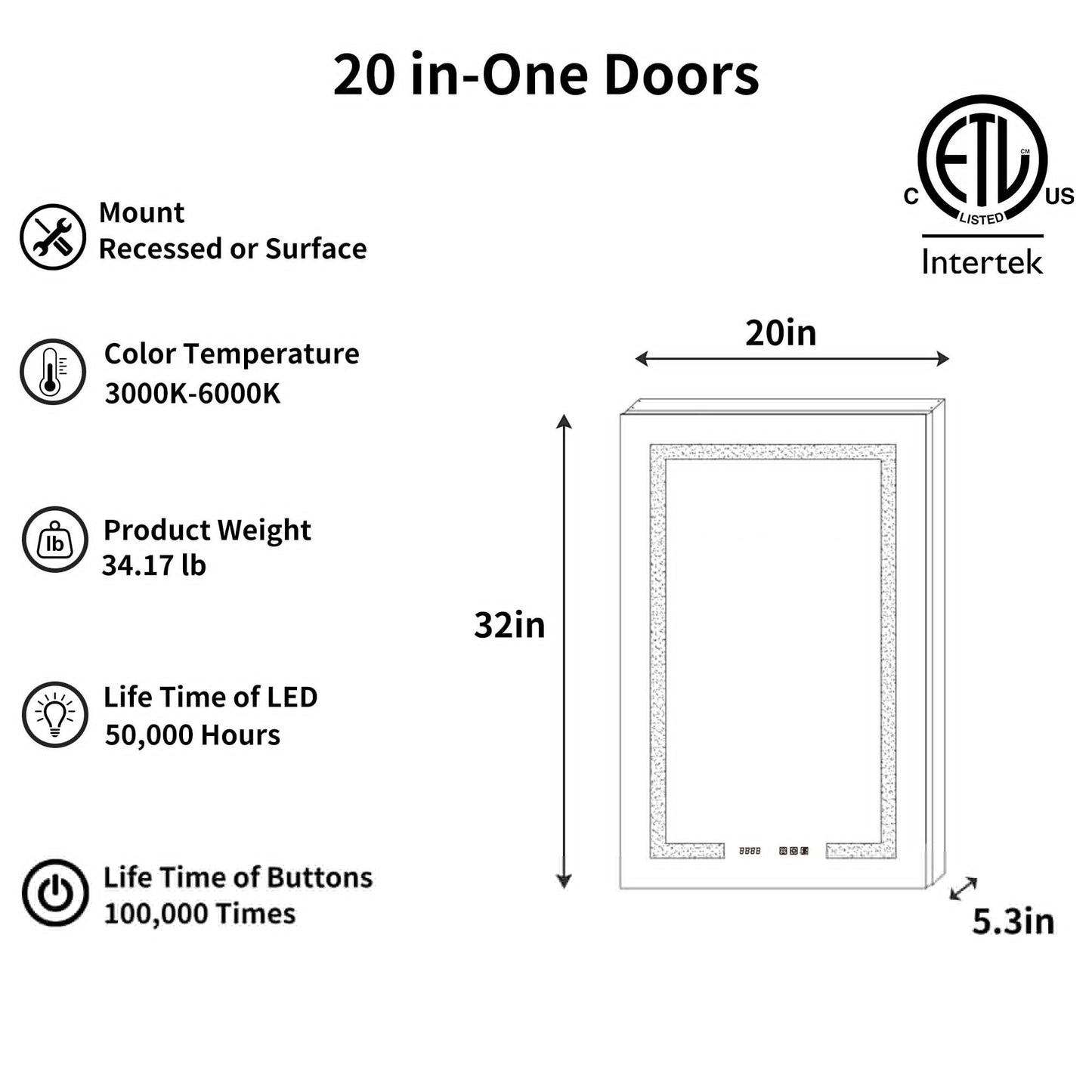 ExBrite Ethos 20-in x 32-in Lighted LED Fog Free Surface/Recessed Mount Silver Mirrored Soft Close Medicine Cabinet with Outlet