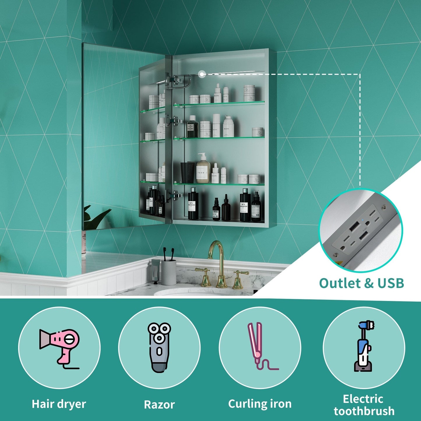 ExBrite Ethos 20-in x 32-in Lighted LED Fog Free Surface/Recessed Mount Silver Mirrored Soft Close Medicine Cabinet with Outlet