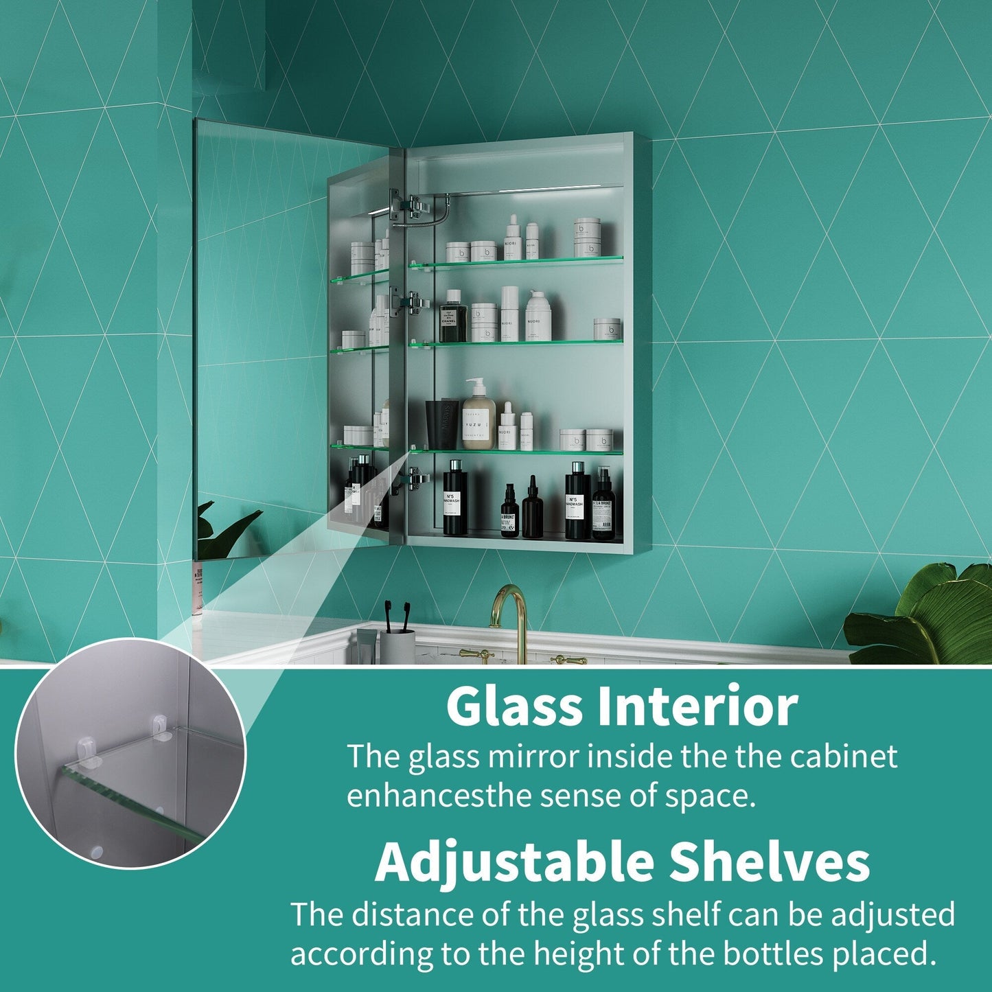 ExBrite Ethos 20-in x 32-in Lighted LED Fog Free Surface/Recessed Mount Silver Mirrored Soft Close Medicine Cabinet with Outlet