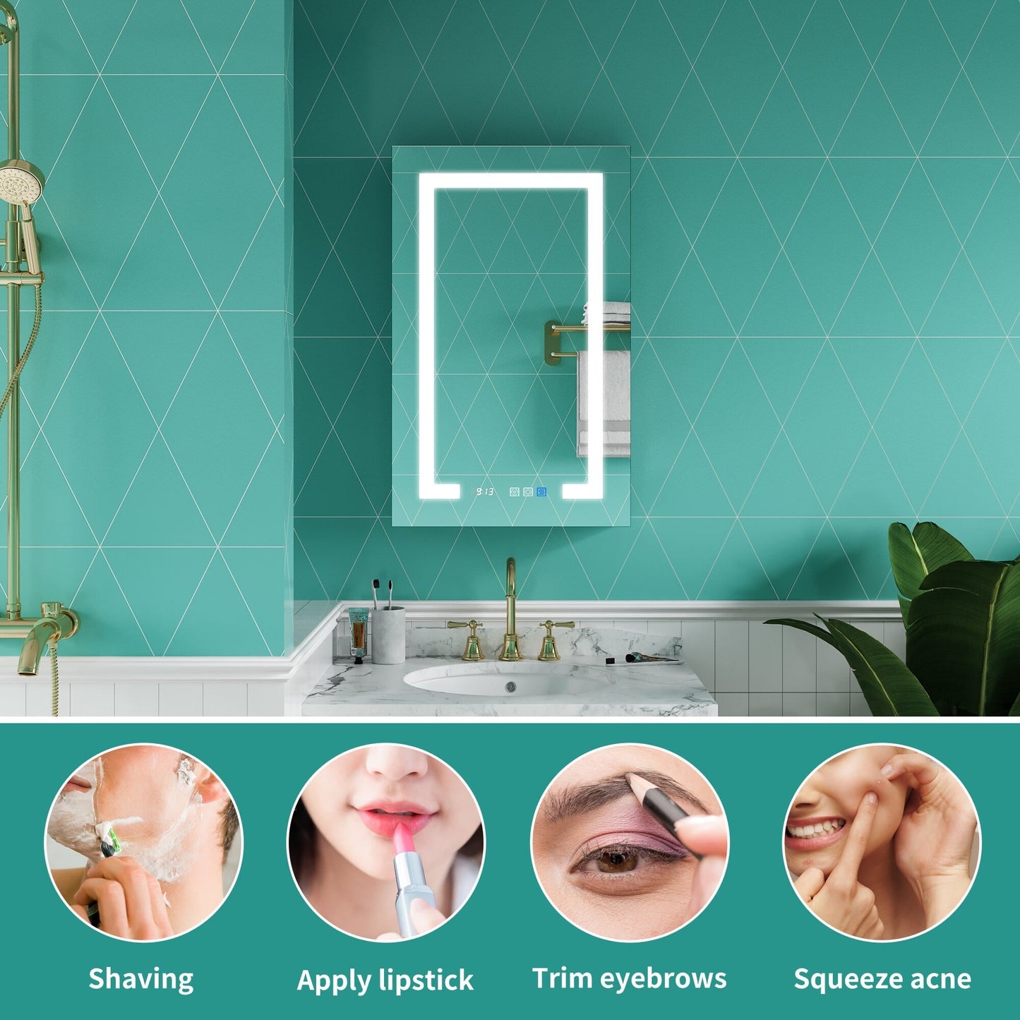 ExBrite Ethos 20-in x 32-in Lighted LED Fog Free Surface/Recessed Mount Silver Mirrored Soft Close Medicine Cabinet with Outlet