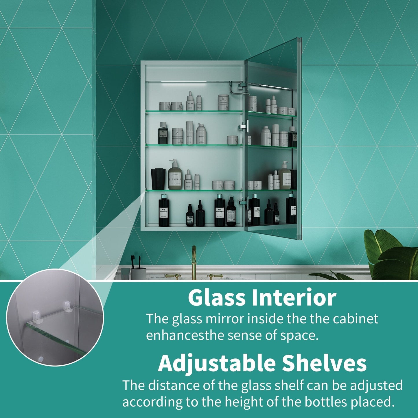 ExBrite Ethos 20-in x 32-in Lighted LED Fog Free Surface/Recessed Mount Silver Mirrored Soft Close Medicine Cabinet with Outlet