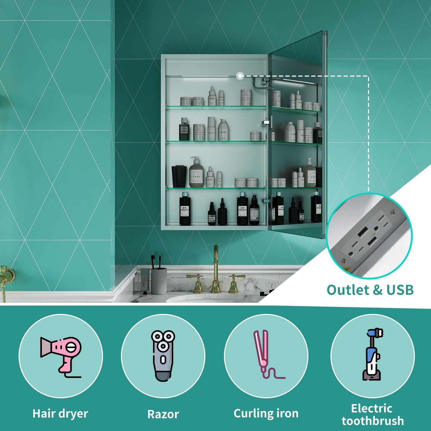 ExBrite Ethos 20-in x 32-in Lighted LED Fog Free Surface/Recessed Mount Silver Mirrored Soft Close Medicine Cabinet with Outlet