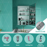 ExBrite Ethos 20-in x 32-in Lighted LED Fog Free Surface/Recessed Mount Silver Mirrored Soft Close Medicine Cabinet with Outlet