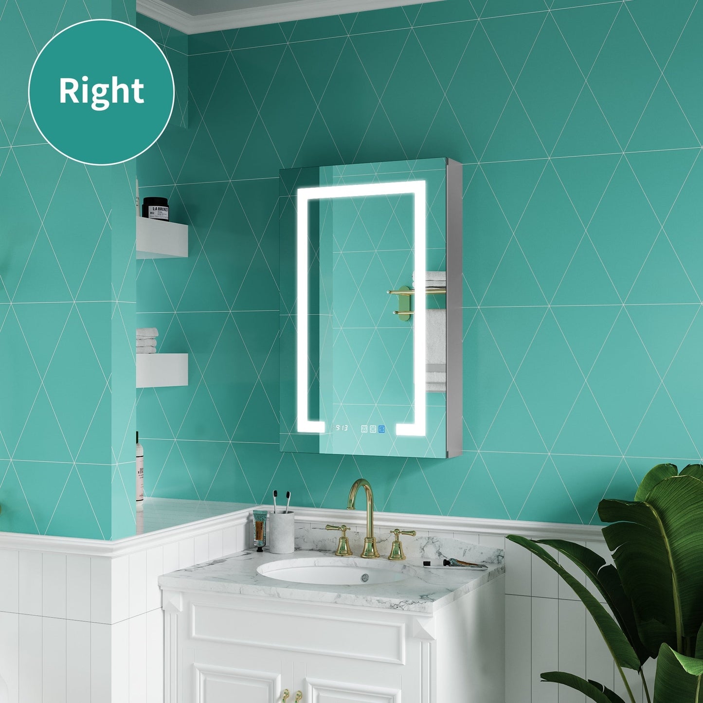 ExBrite Ethos 20-in x 32-in Lighted LED Fog Free Surface/Recessed Mount Silver Mirrored Soft Close Medicine Cabinet with Outlet