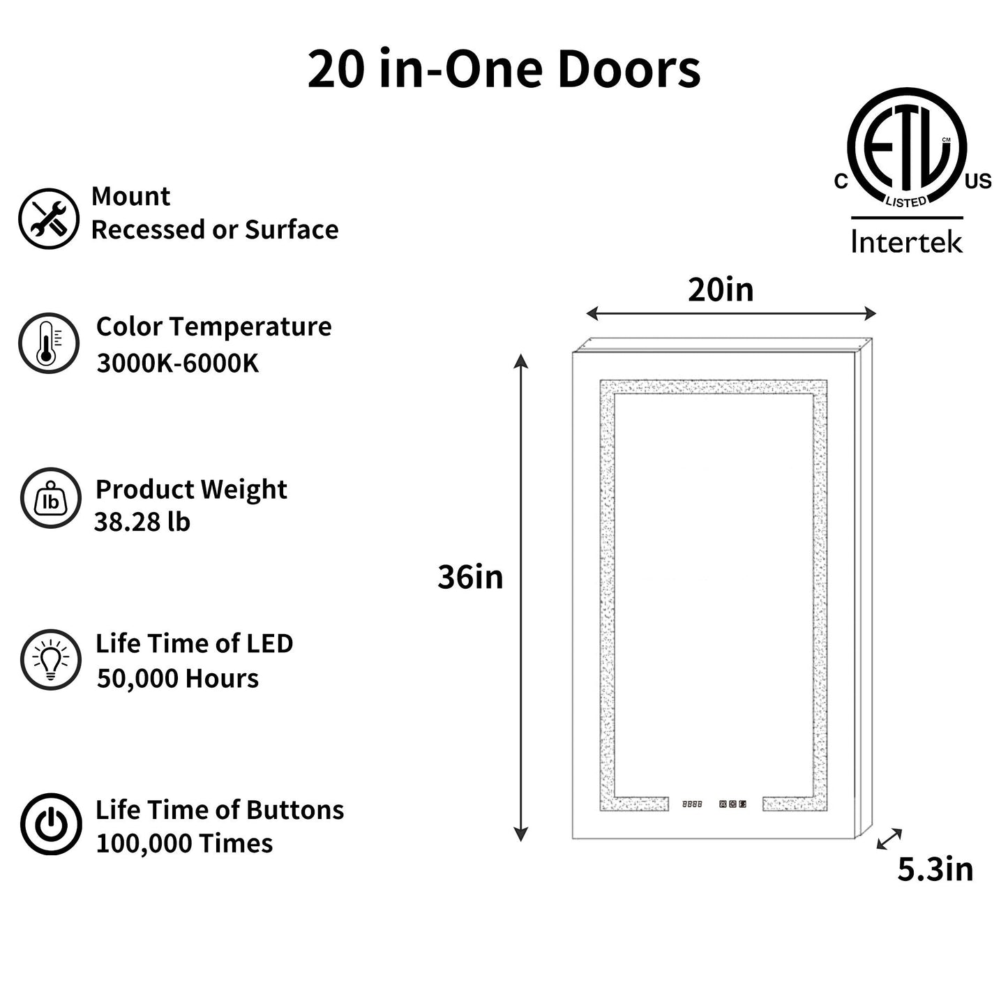 ExBrite Ethos 20-in x 36-in Lighted LED Fog Free Surface/Recessed Mount Silver Mirrored Soft Close Medicine Cabinet with Outlet