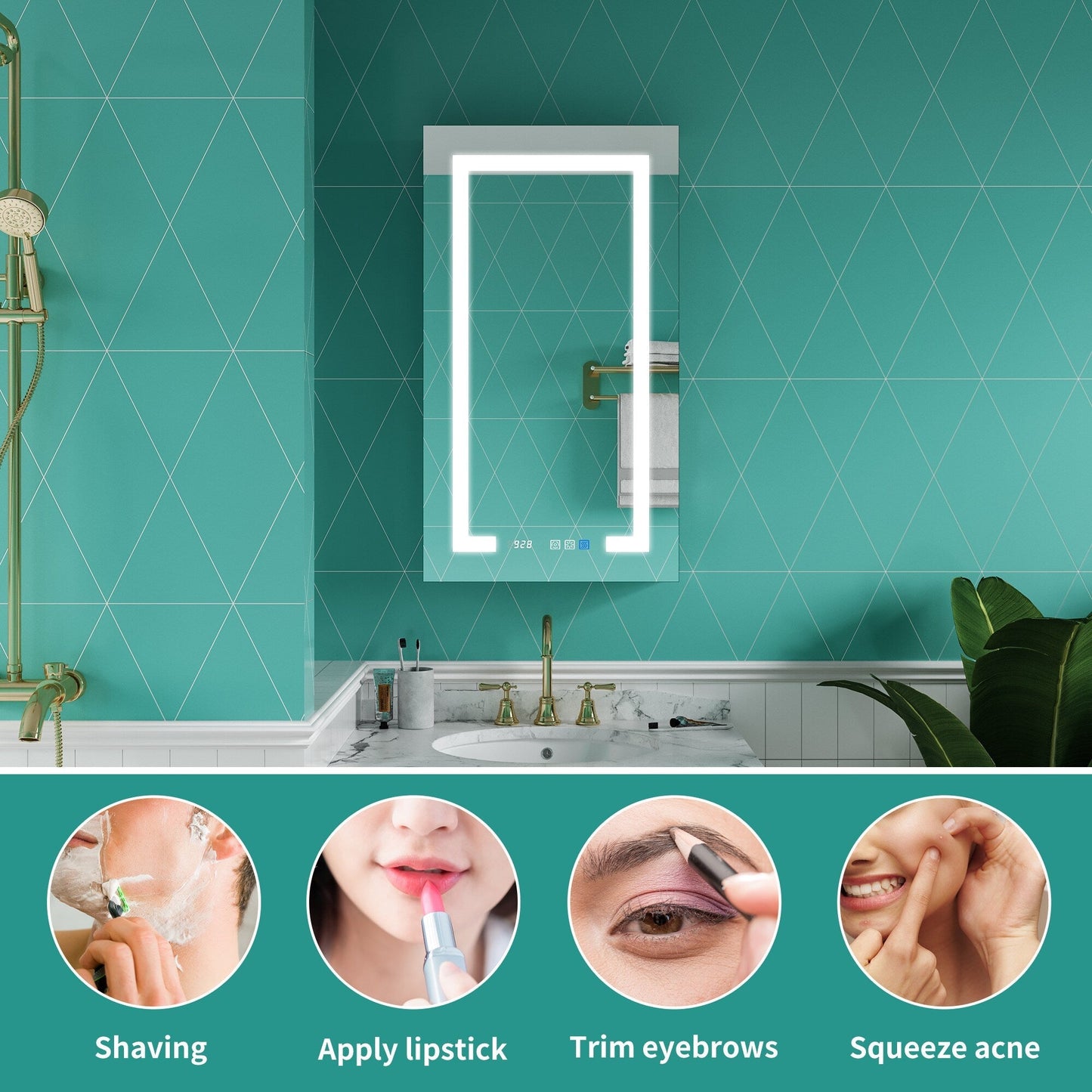 ExBrite Ethos 20-in x 36-in Lighted LED Fog Free Surface/Recessed Mount Silver Mirrored Soft Close Medicine Cabinet with Outlet