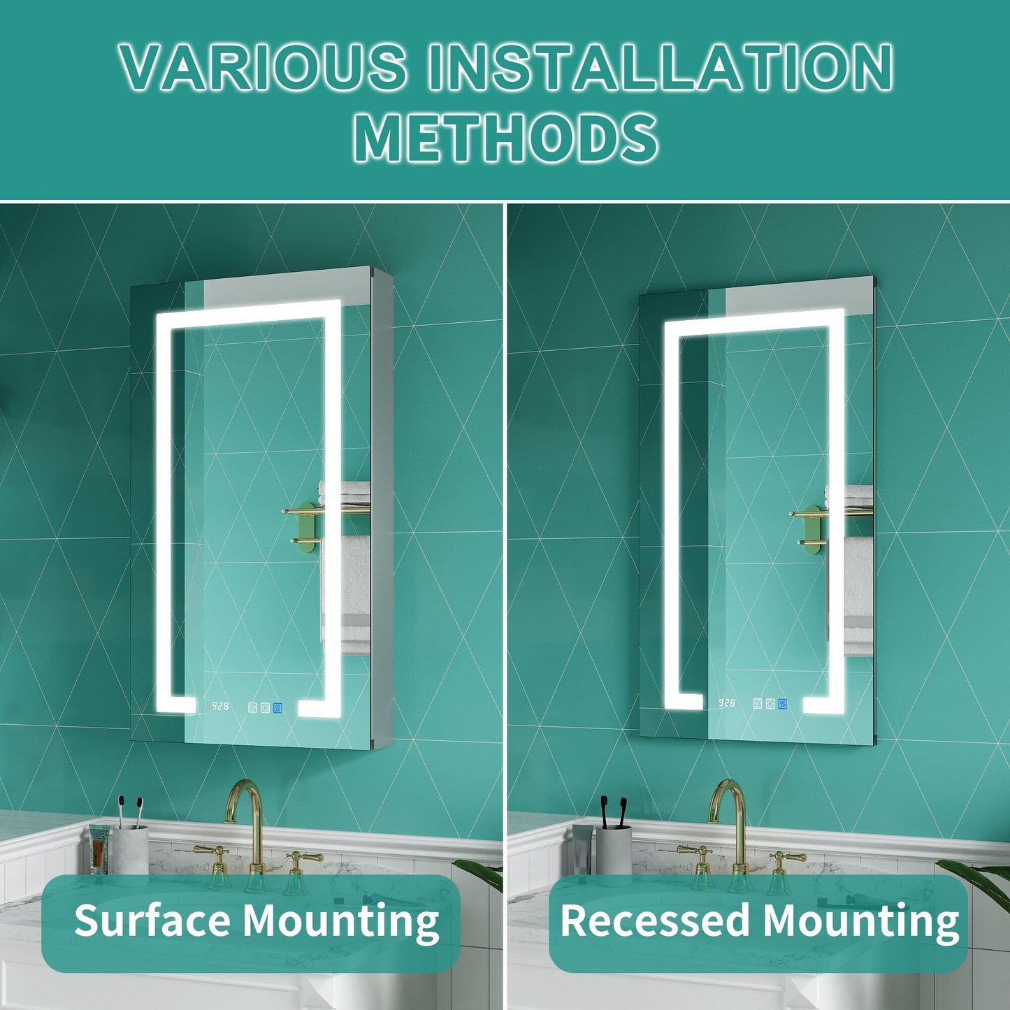 ExBrite Ethos 20-in x 36-in Lighted LED Fog Free Surface/Recessed Mount Silver Mirrored Soft Close Medicine Cabinet with Outlet