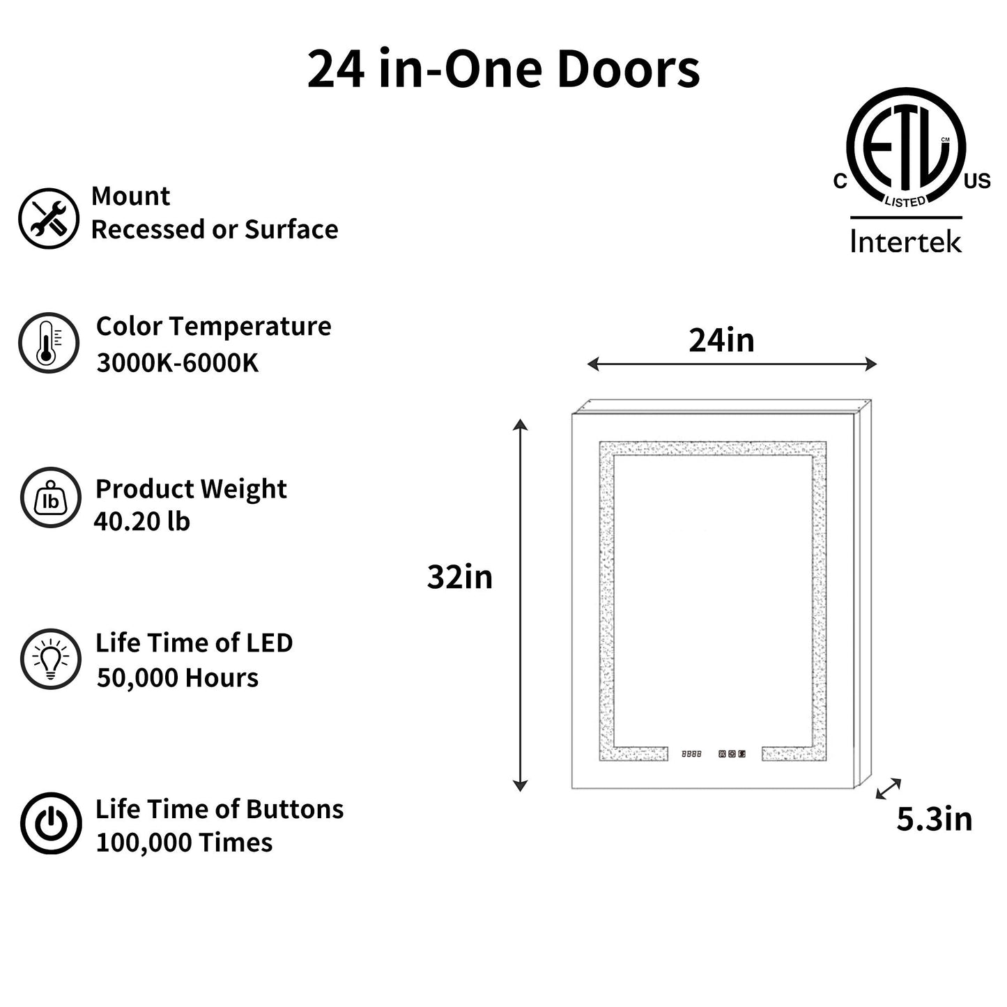ExBrite Ethos 24-in x 32-in Lighted LED Fog Free Surface/Recessed Mount Silver Mirrored Soft Close Medicine Cabinet with Outlet