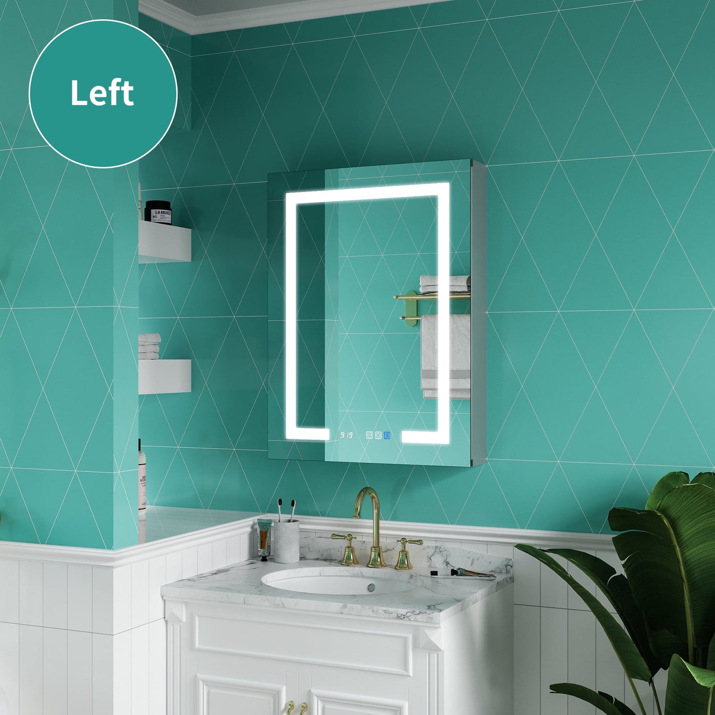 ExBrite Ethos 24-in x 32-in Lighted LED Fog Free Surface/Recessed Mount Silver Mirrored Soft Close Medicine Cabinet with Outlet