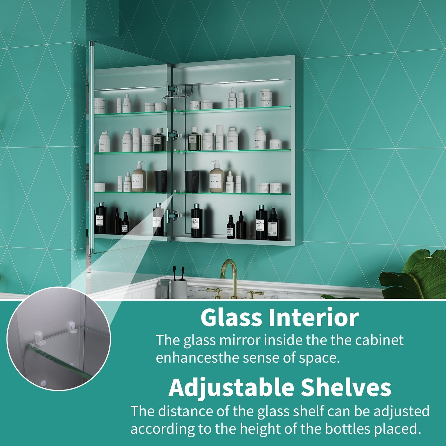 ExBrite Ethos 24-in x 32-in Lighted LED Fog Free Surface/Recessed Mount Silver Mirrored Soft Close Medicine Cabinet with Outlet