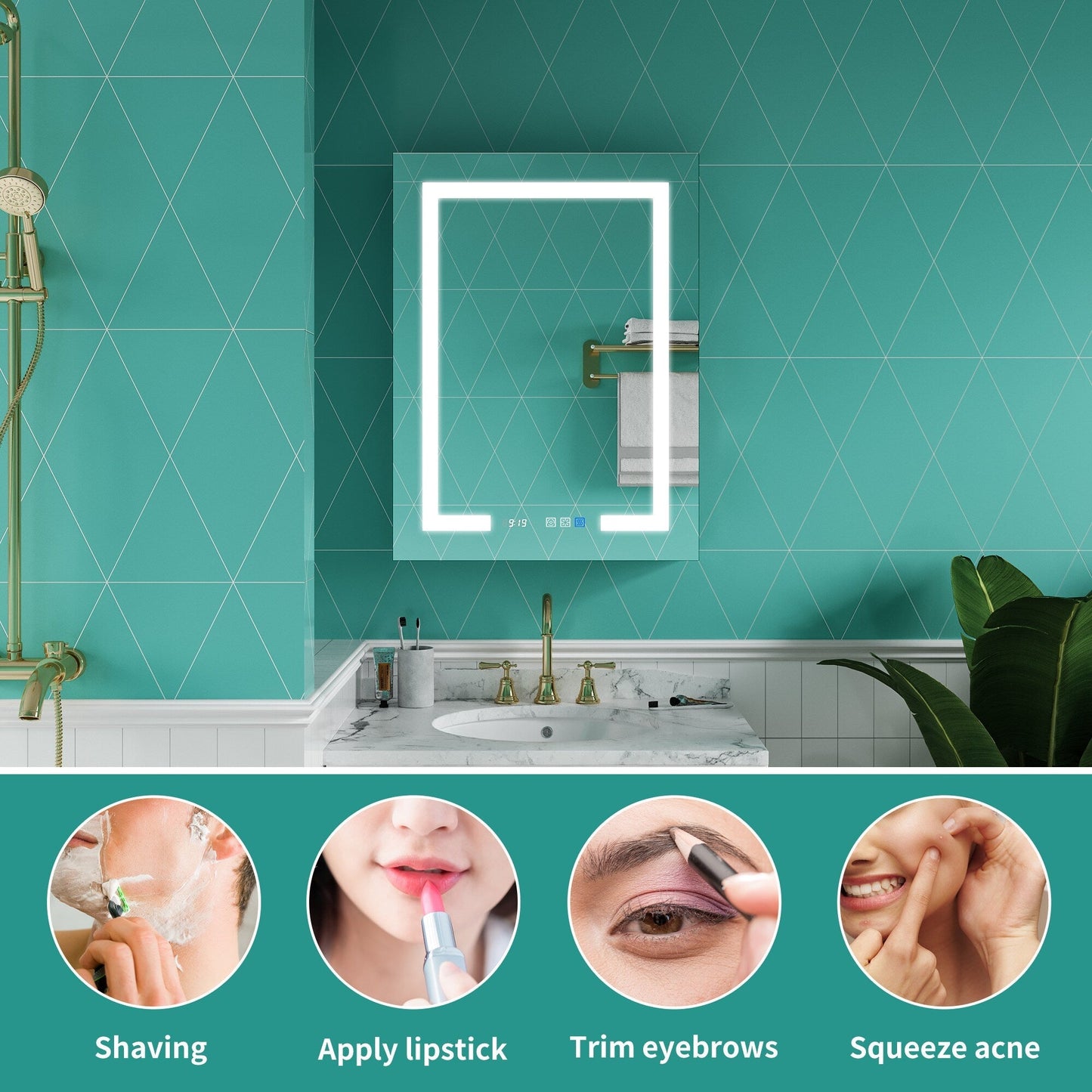 ExBrite Ethos 24-in x 32-in Lighted LED Fog Free Surface/Recessed Mount Silver Mirrored Soft Close Medicine Cabinet with Outlet