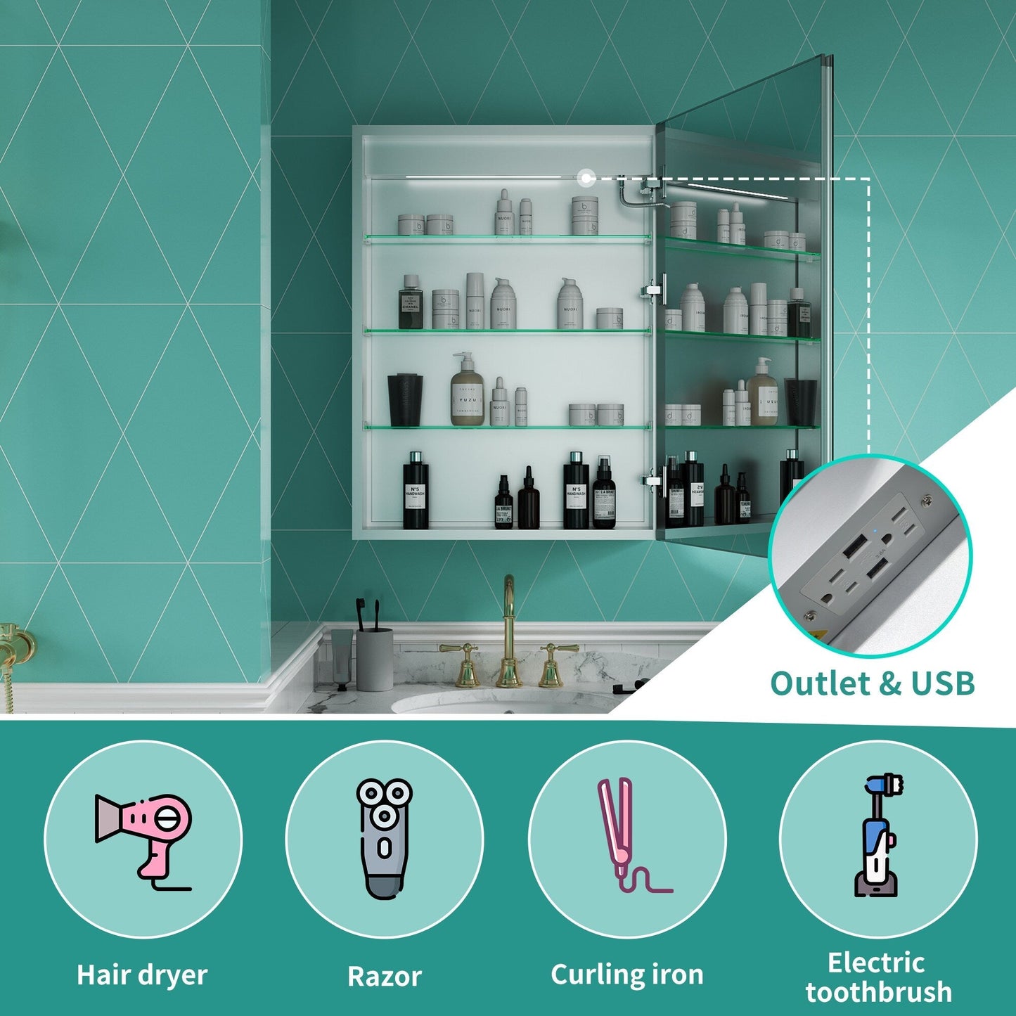 ExBrite Ethos 24-in x 32-in Lighted LED Fog Free Surface/Recessed Mount Silver Mirrored Soft Close Medicine Cabinet with Outlet