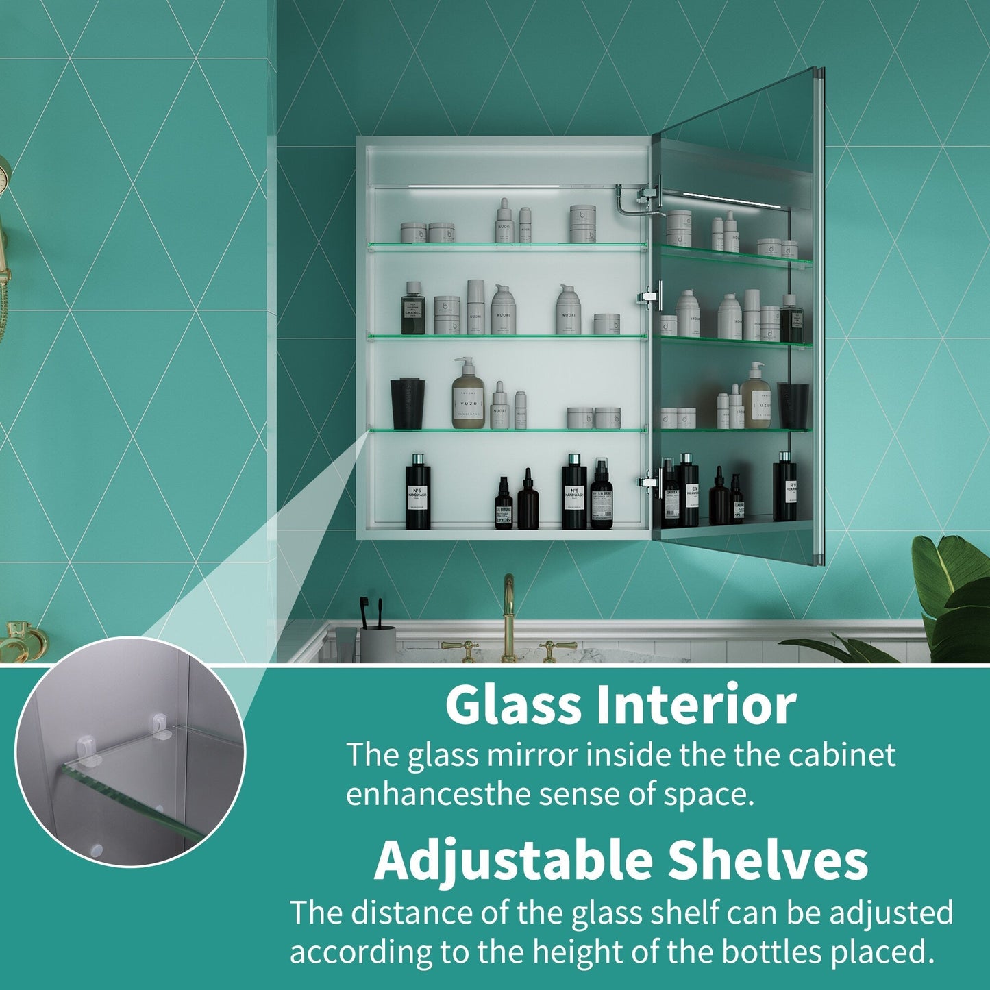 ExBrite Ethos 24-in x 32-in Lighted LED Fog Free Surface/Recessed Mount Silver Mirrored Soft Close Medicine Cabinet with Outlet