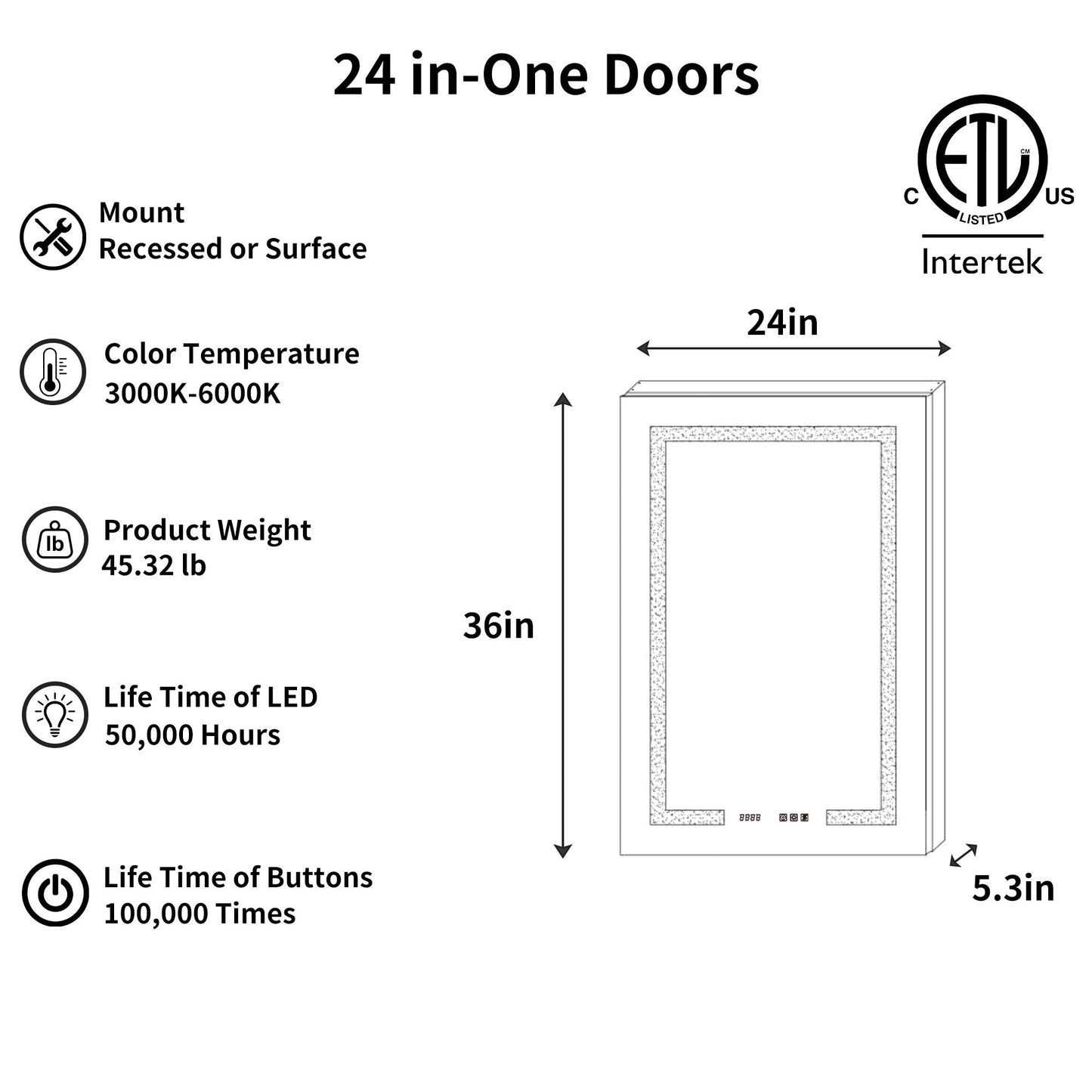 ExBrite Ethos 24-in x 36-in Lighted LED Fog Free Surface/Recessed Mount Silver Mirrored Soft Close Medicine Cabinet with Outlet