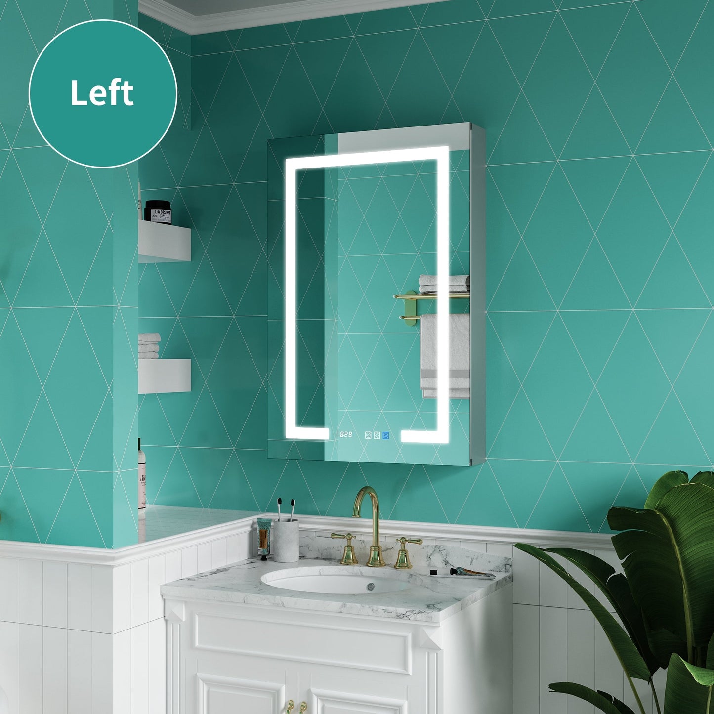 ExBrite Ethos 24-in x 36-in Lighted LED Fog Free Surface/Recessed Mount Silver Mirrored Soft Close Medicine Cabinet with Outlet