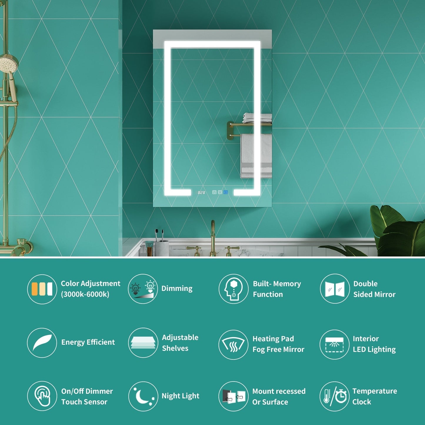 ExBrite Ethos 24-in x 36-in Lighted LED Fog Free Surface/Recessed Mount Silver Mirrored Soft Close Medicine Cabinet with Outlet