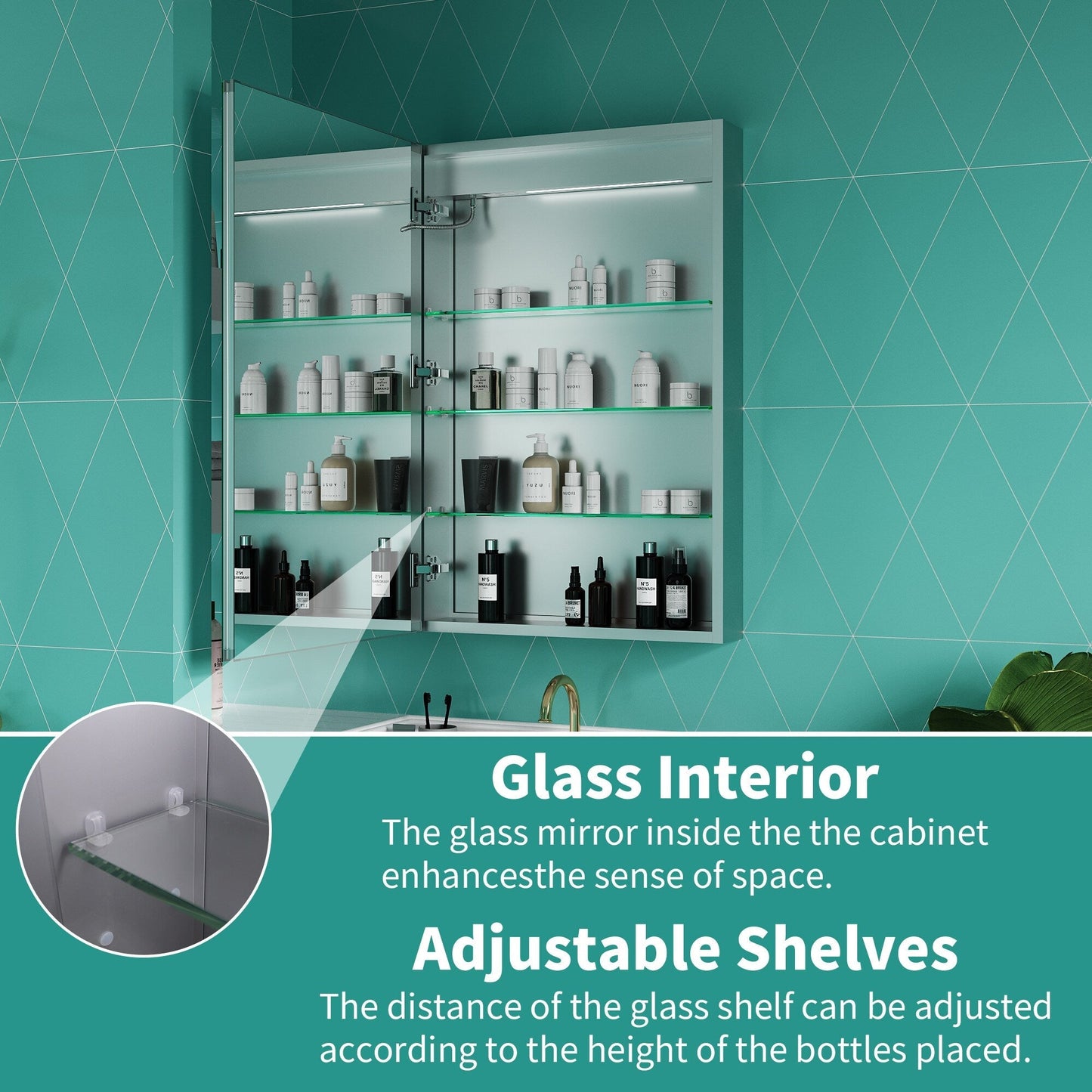 ExBrite Ethos 24-in x 36-in Lighted LED Fog Free Surface/Recessed Mount Silver Mirrored Soft Close Medicine Cabinet with Outlet