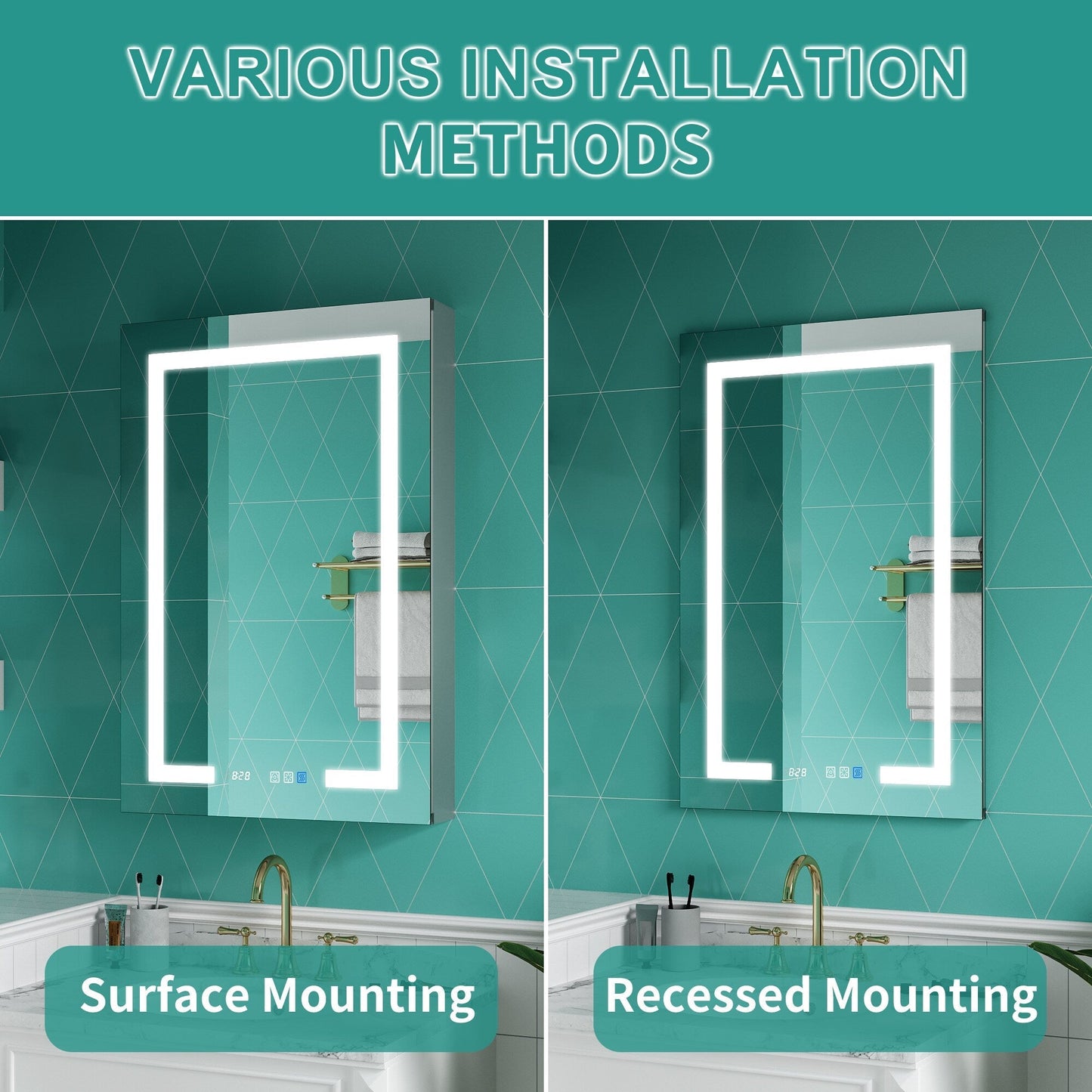 ExBrite Ethos 24-in x 36-in Lighted LED Fog Free Surface/Recessed Mount Silver Mirrored Soft Close Medicine Cabinet with Outlet
