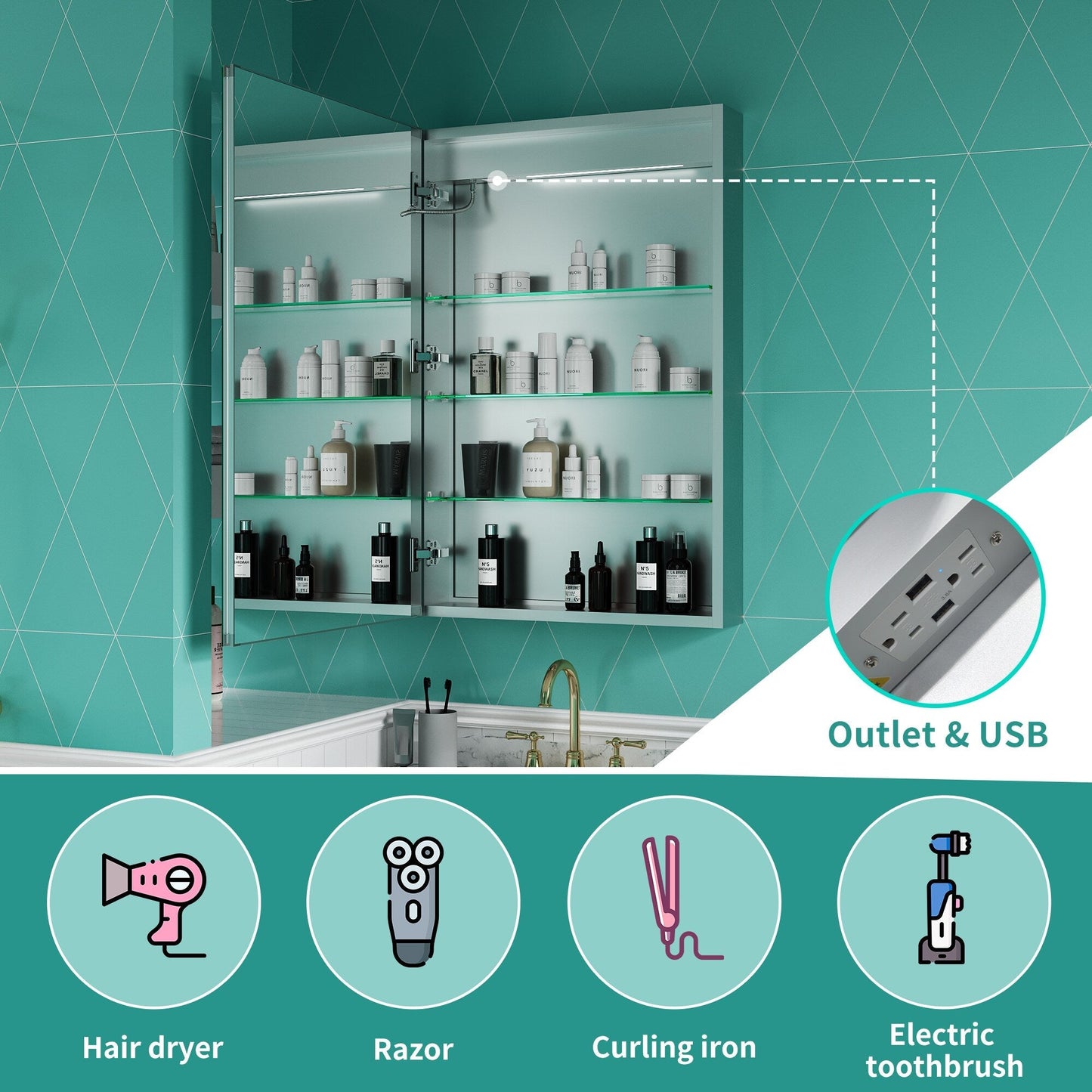 ExBrite Ethos 24-in x 36-in Lighted LED Fog Free Surface/Recessed Mount Silver Mirrored Soft Close Medicine Cabinet with Outlet