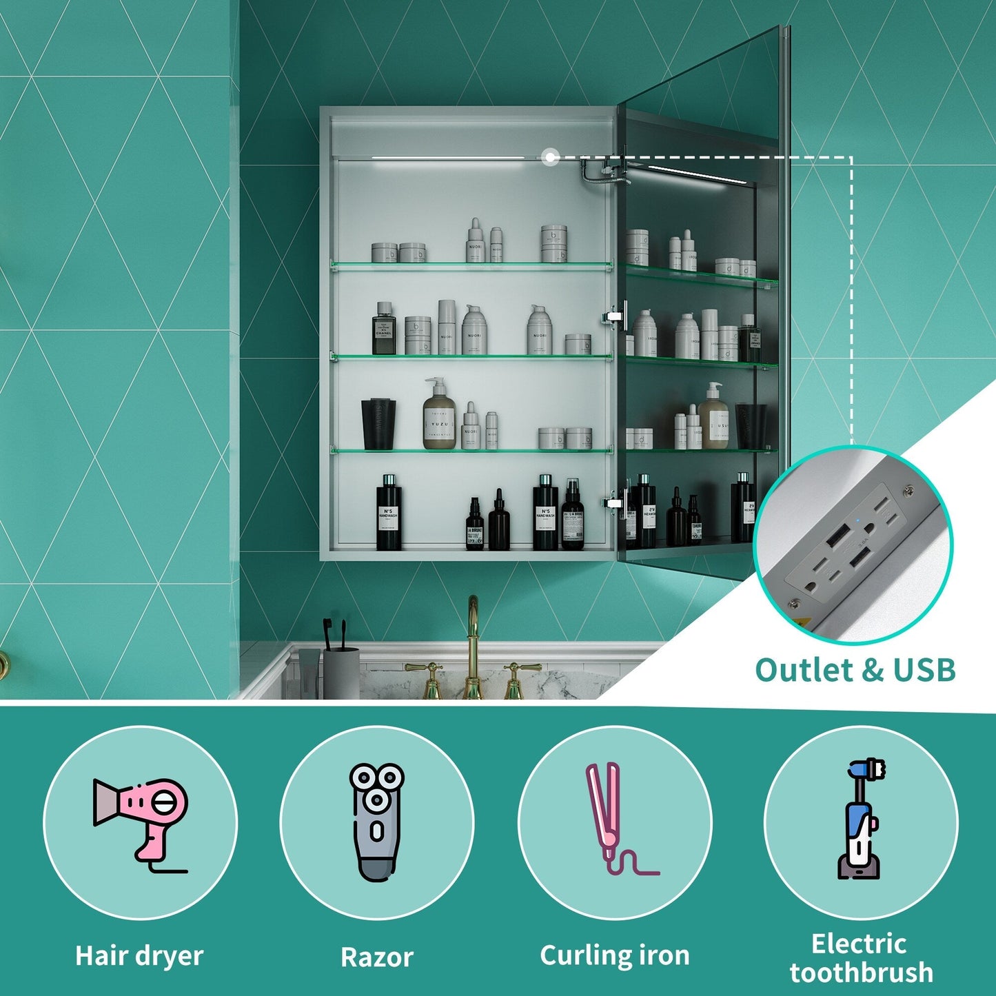 ExBrite Ethos 24-in x 36-in Lighted LED Fog Free Surface/Recessed Mount Silver Mirrored Soft Close Medicine Cabinet with Outlet