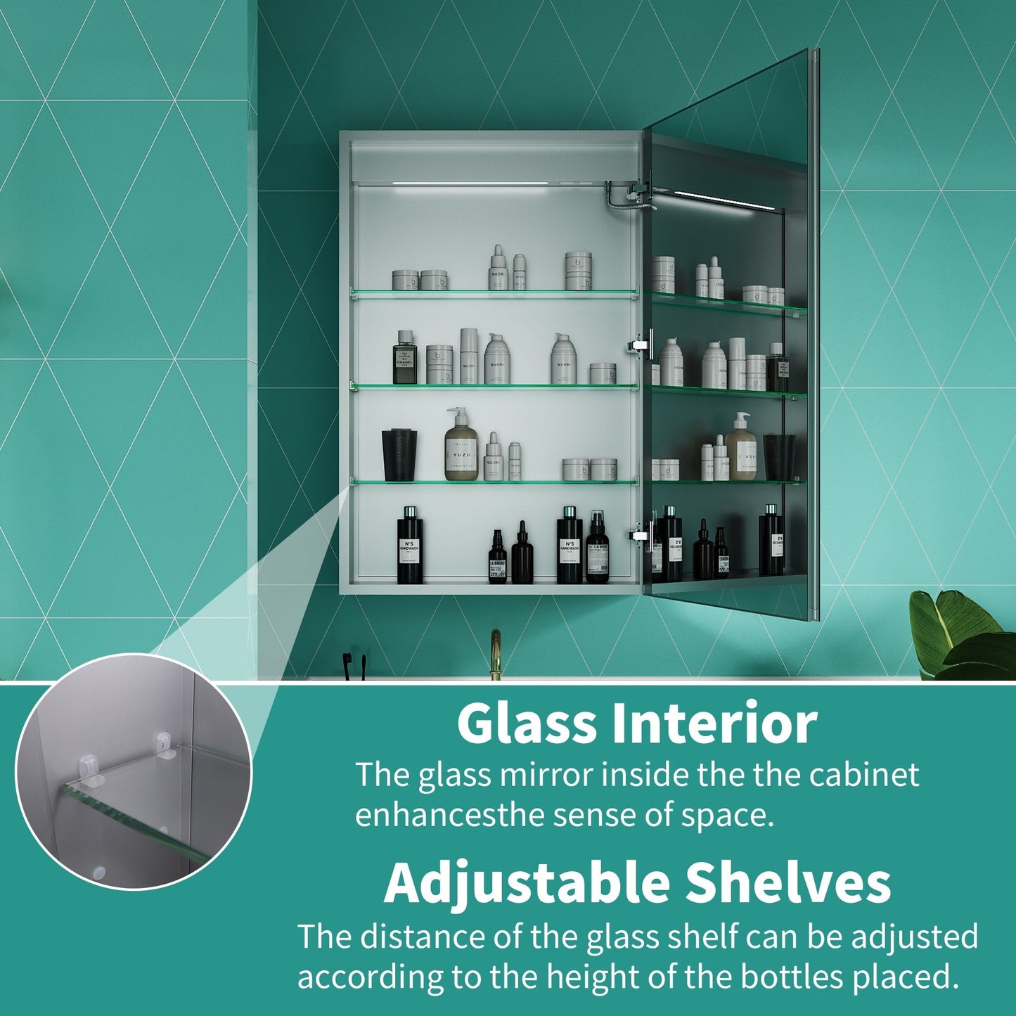 ExBrite Ethos 24-in x 36-in Lighted LED Fog Free Surface/Recessed Mount Silver Mirrored Soft Close Medicine Cabinet with Outlet