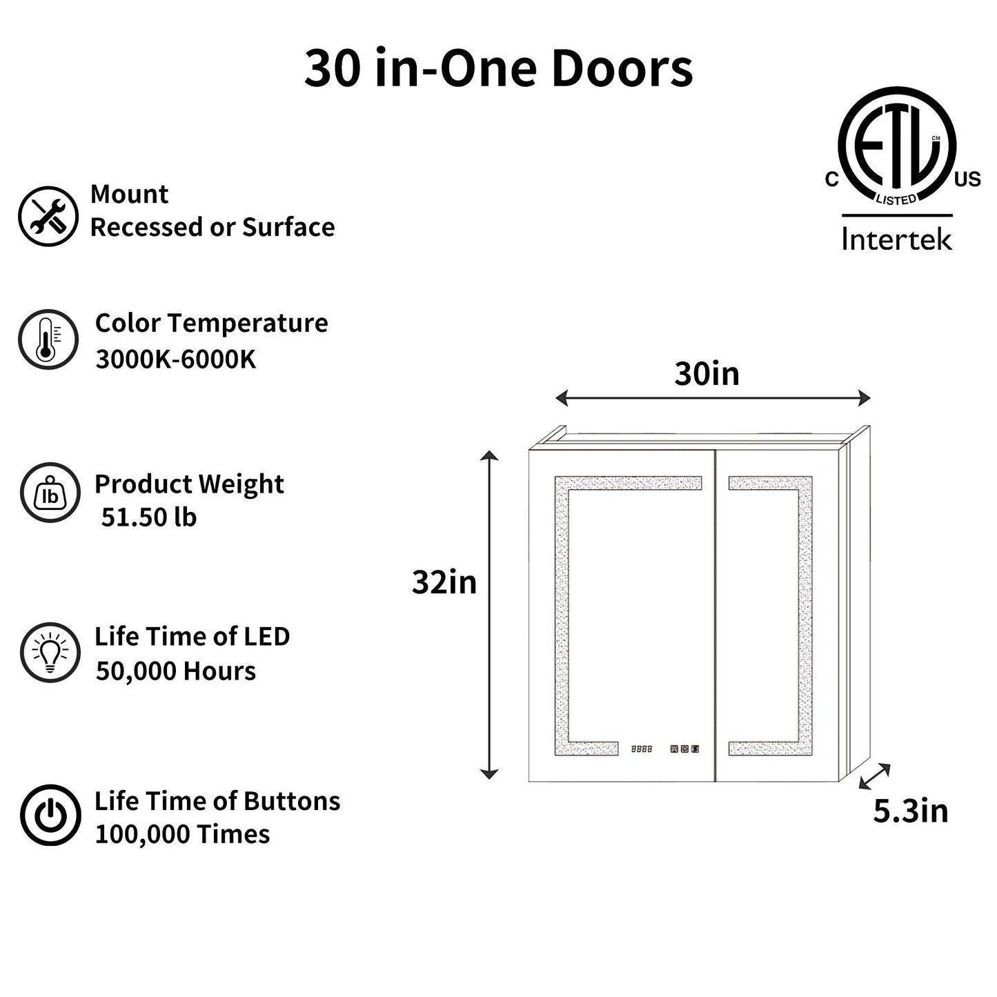 ExBrite Ethos 30-in x 32-in Lighted LED Fog Free Surface/Recessed Mount Silver Mirrored Soft Close Medicine Cabinet with Outlet