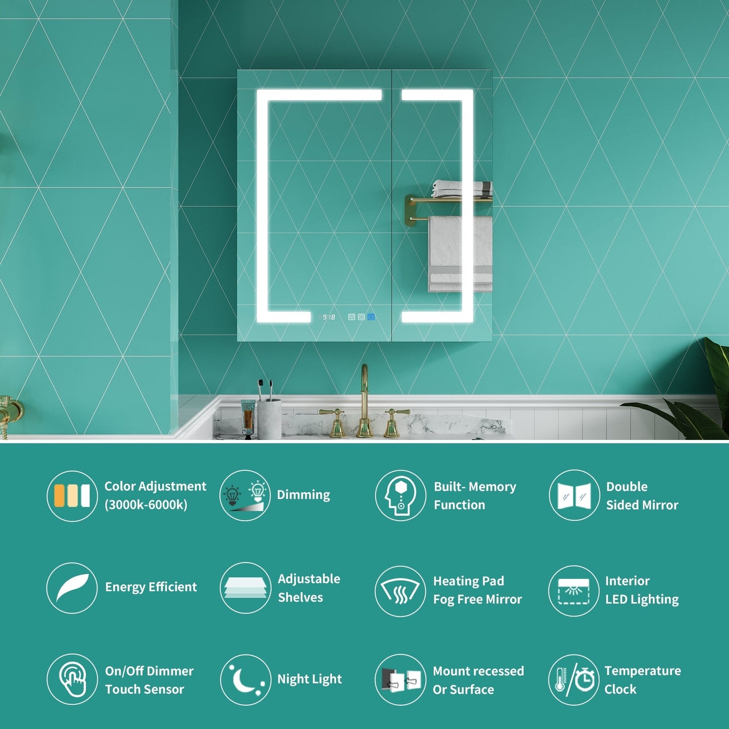 ExBrite Ethos 30-in x 32-in Lighted LED Fog Free Surface/Recessed Mount Silver Mirrored Soft Close Medicine Cabinet with Outlet