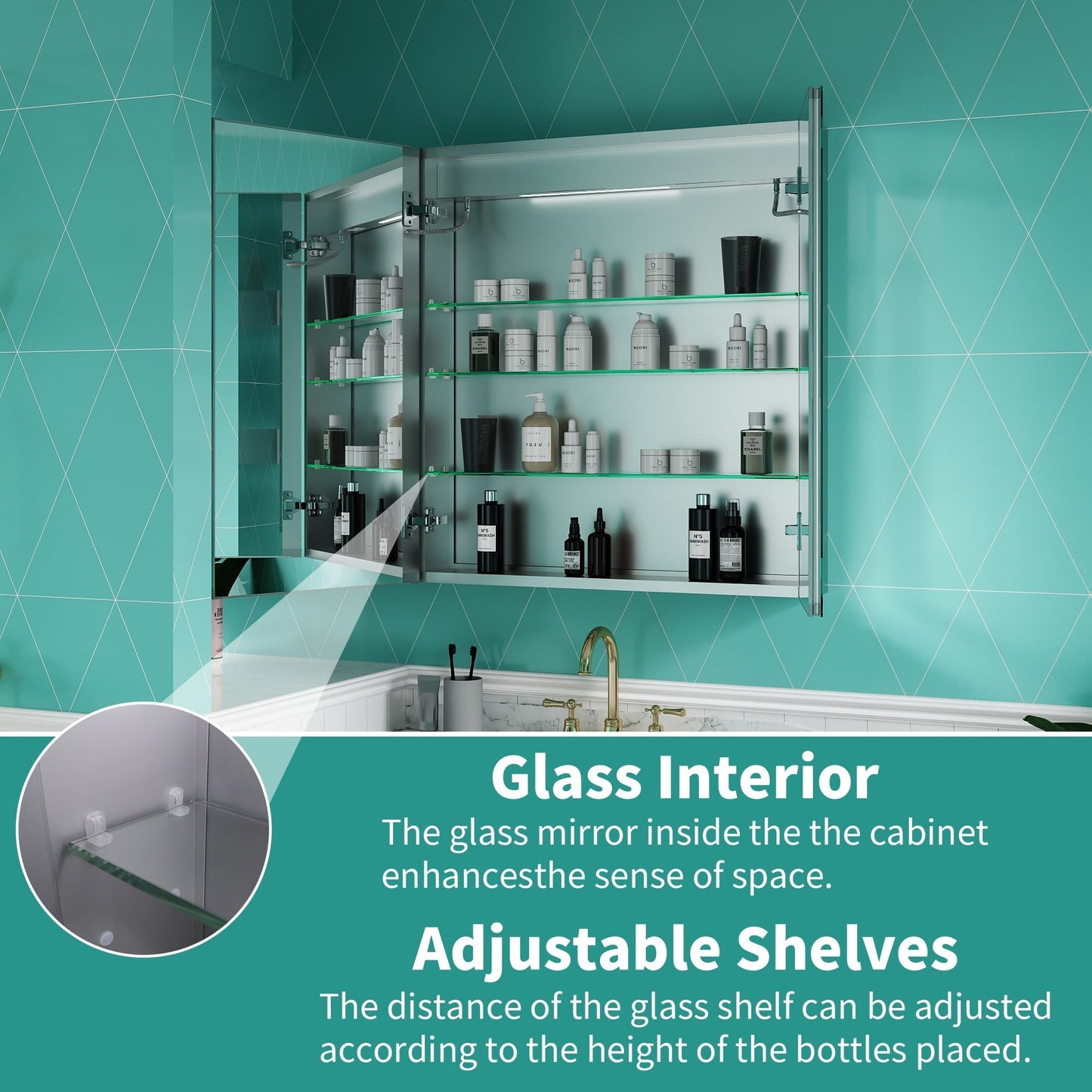 ExBrite Ethos 30-in x 32-in Lighted LED Fog Free Surface/Recessed Mount Silver Mirrored Soft Close Medicine Cabinet with Outlet