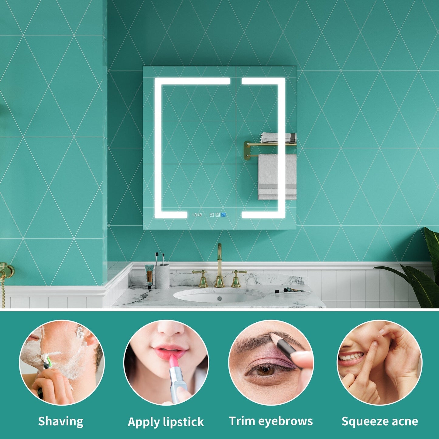 ExBrite Ethos 30-in x 32-in Lighted LED Fog Free Surface/Recessed Mount Silver Mirrored Soft Close Medicine Cabinet with Outlet