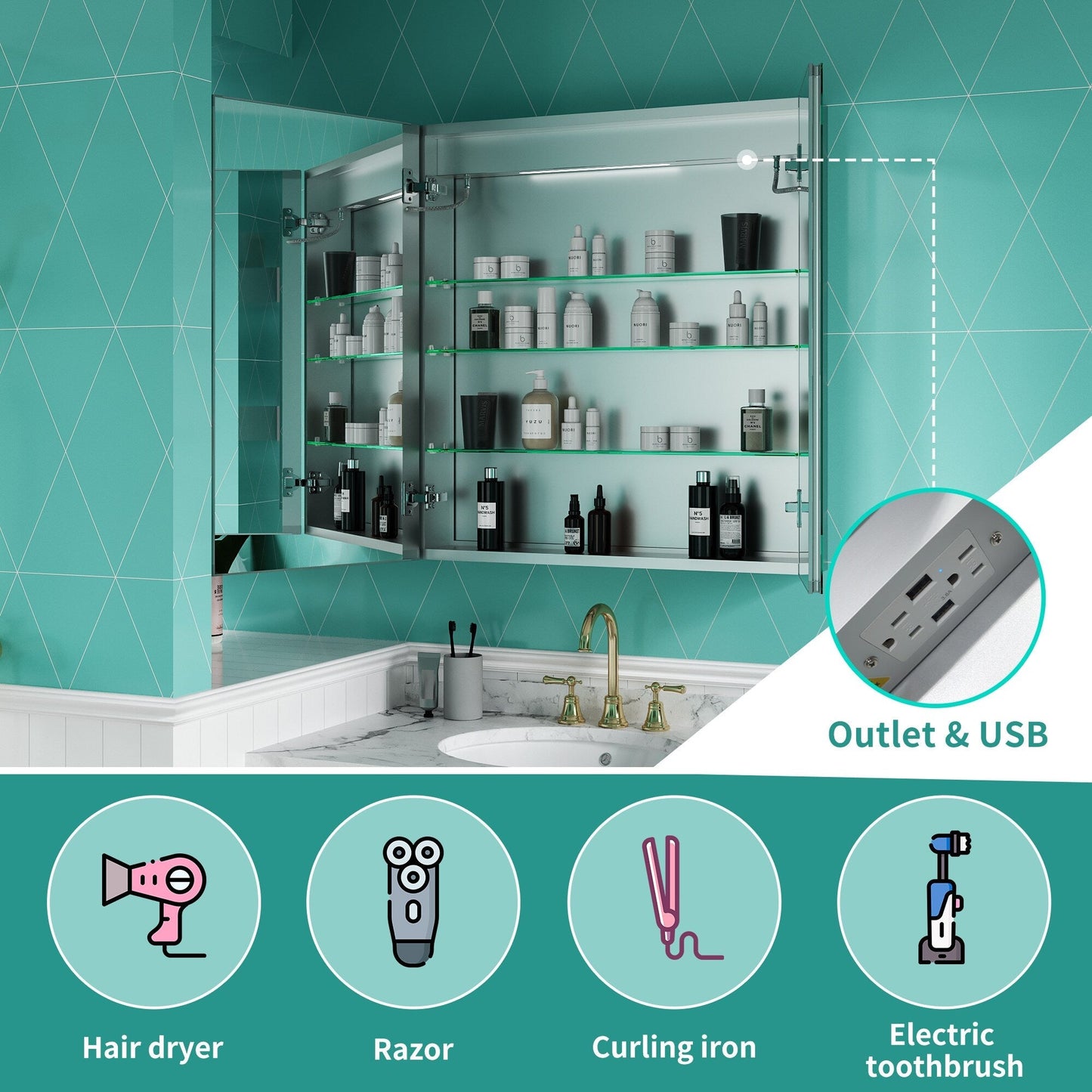 ExBrite Ethos 30-in x 32-in Lighted LED Fog Free Surface/Recessed Mount Silver Mirrored Soft Close Medicine Cabinet with Outlet