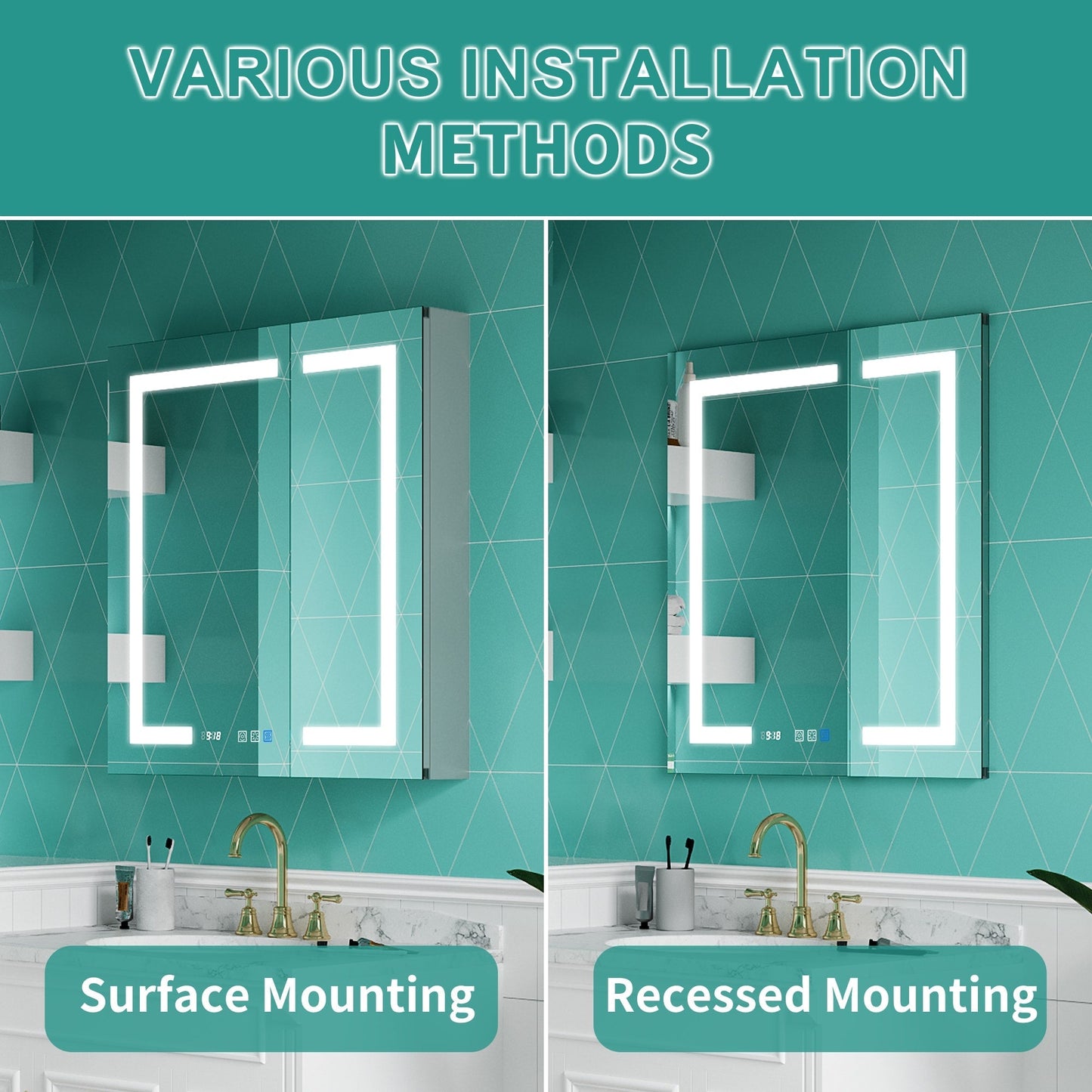 ExBrite Ethos 30-in x 32-in Lighted LED Fog Free Surface/Recessed Mount Silver Mirrored Soft Close Medicine Cabinet with Outlet