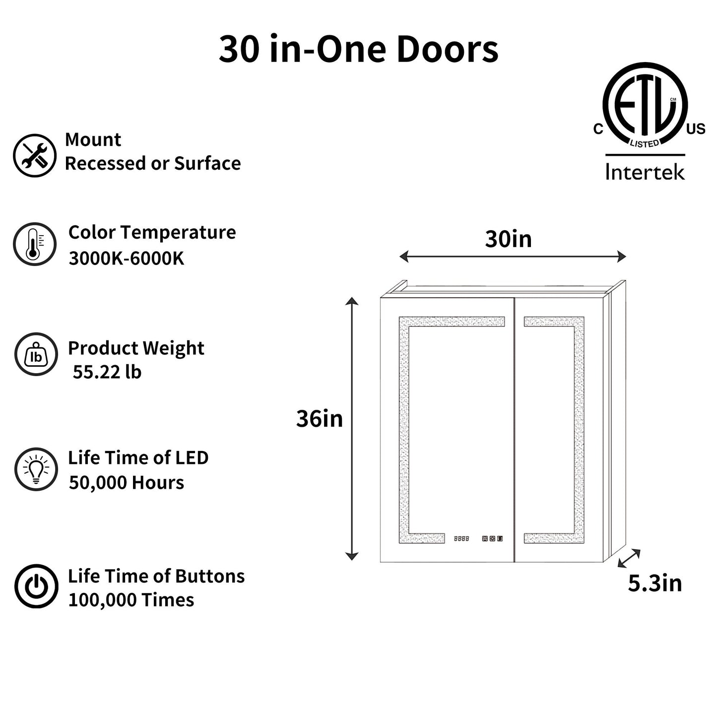 ExBrite 30-in x 36-in Lighted LED Fog Free Surface/Recessed Mount Silver Mirrored Soft Close Medicine Cabinet with Outlet