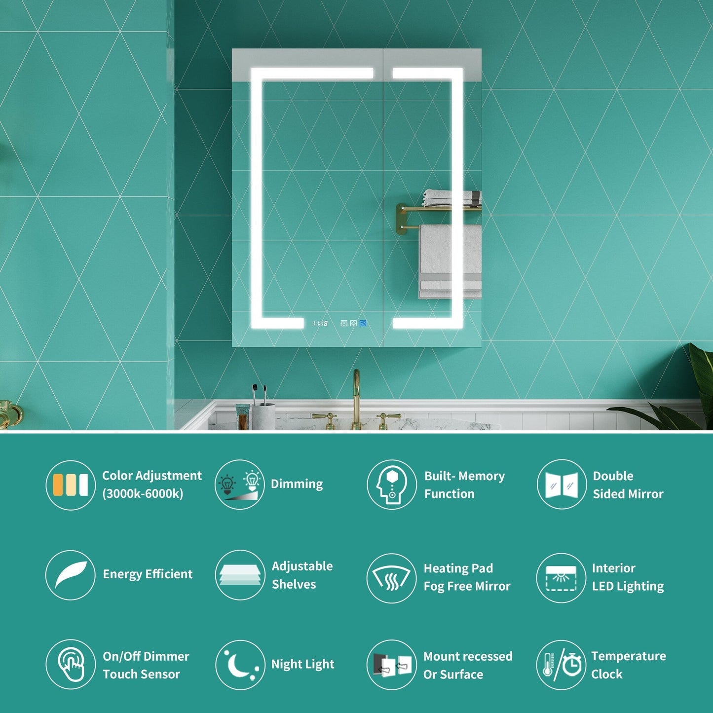 ExBrite Ethos 30-in x 36-in Lighted LED Fog Free Surface/Recessed Mount Silver Mirrored Soft Close Medicine Cabinet with Outlet