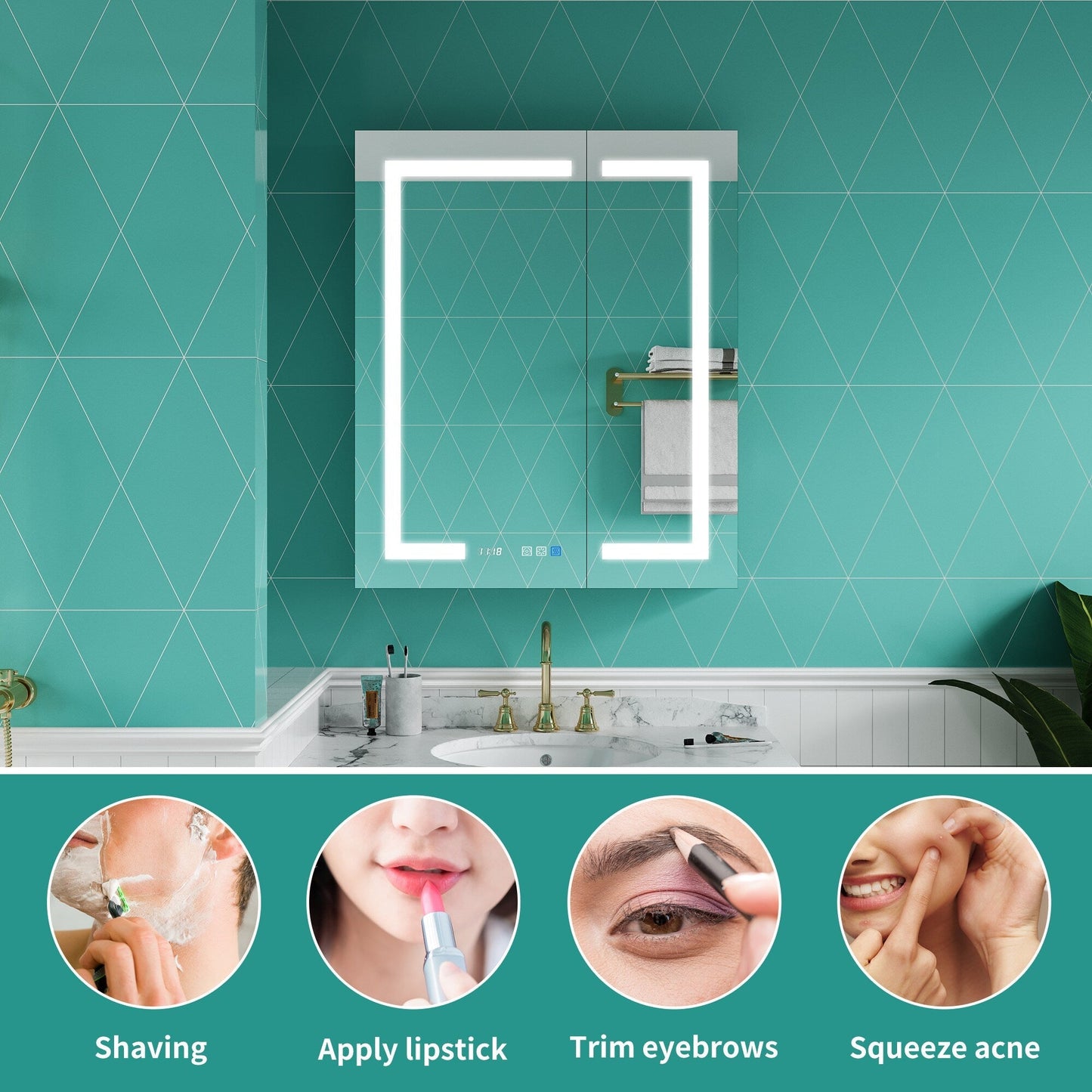 ExBrite Ethos 30-in x 36-in Lighted LED Fog Free Surface/Recessed Mount Silver Mirrored Soft Close Medicine Cabinet with Outlet