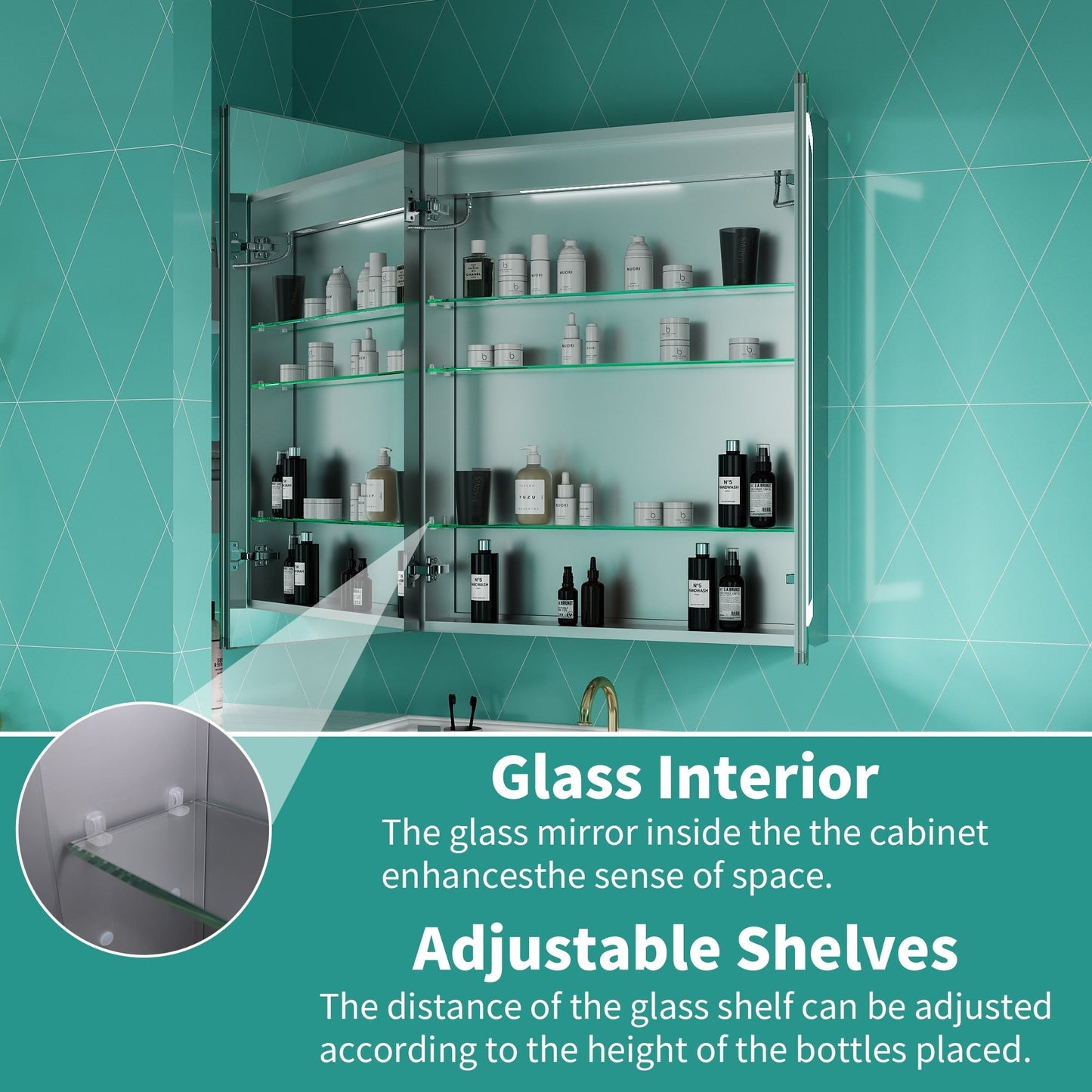 ExBrite Ethos 30-in x 36-in Lighted LED Fog Free Surface/Recessed Mount Silver Mirrored Soft Close Medicine Cabinet with Outlet