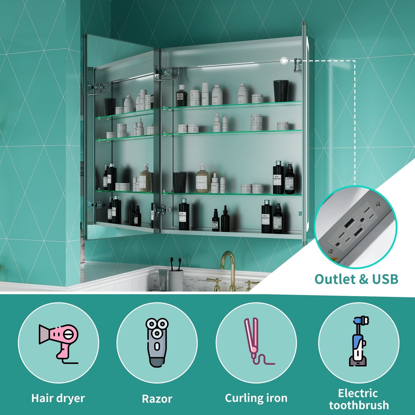 ExBrite Ethos 30-in x 36-in Lighted LED Fog Free Surface/Recessed Mount Silver Mirrored Soft Close Medicine Cabinet with Outlet
