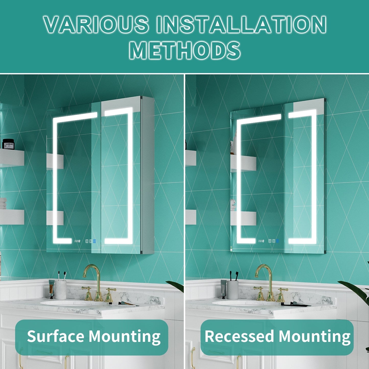 ExBrite Ethos 30-in x 36-in Lighted LED Fog Free Surface/Recessed Mount Silver Mirrored Soft Close Medicine Cabinet with Outlet