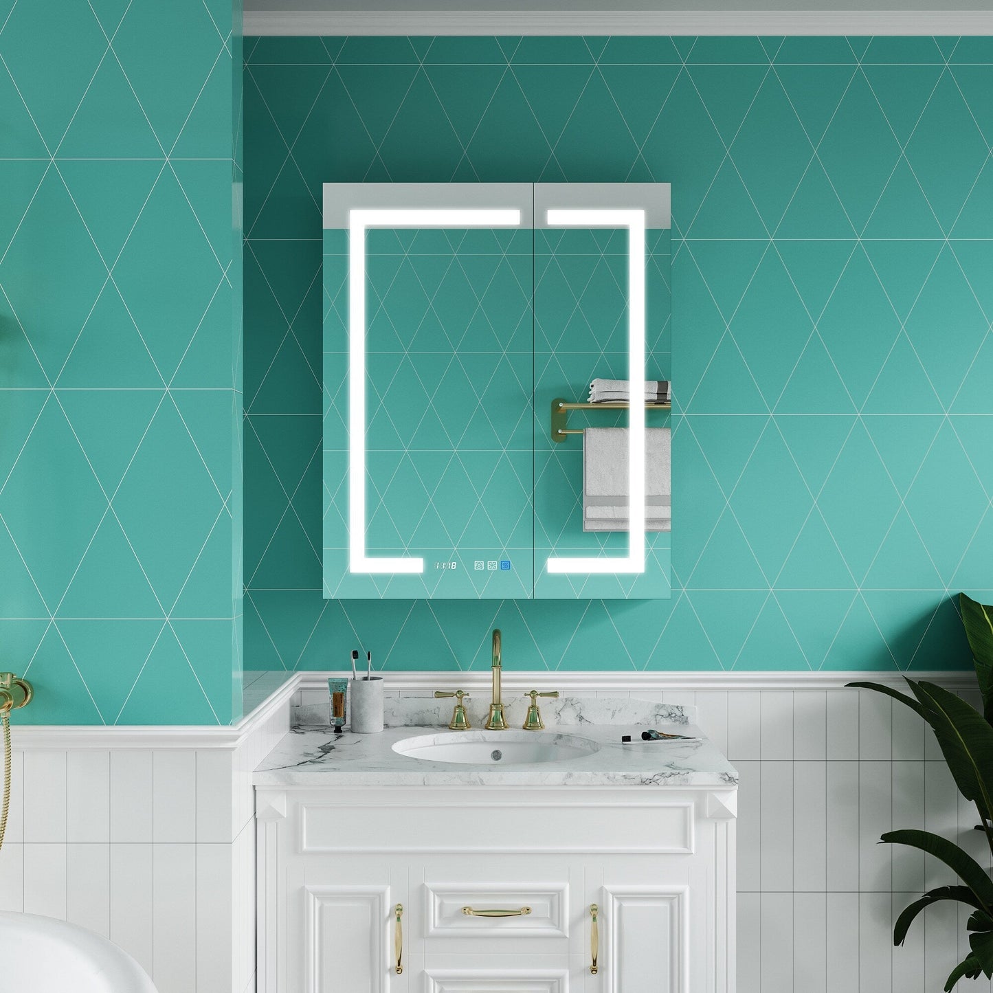 ExBrite Ethos 30-in x 36-in Lighted LED Fog Free Surface/Recessed Mount Silver Mirrored Soft Close Medicine Cabinet with Outlet