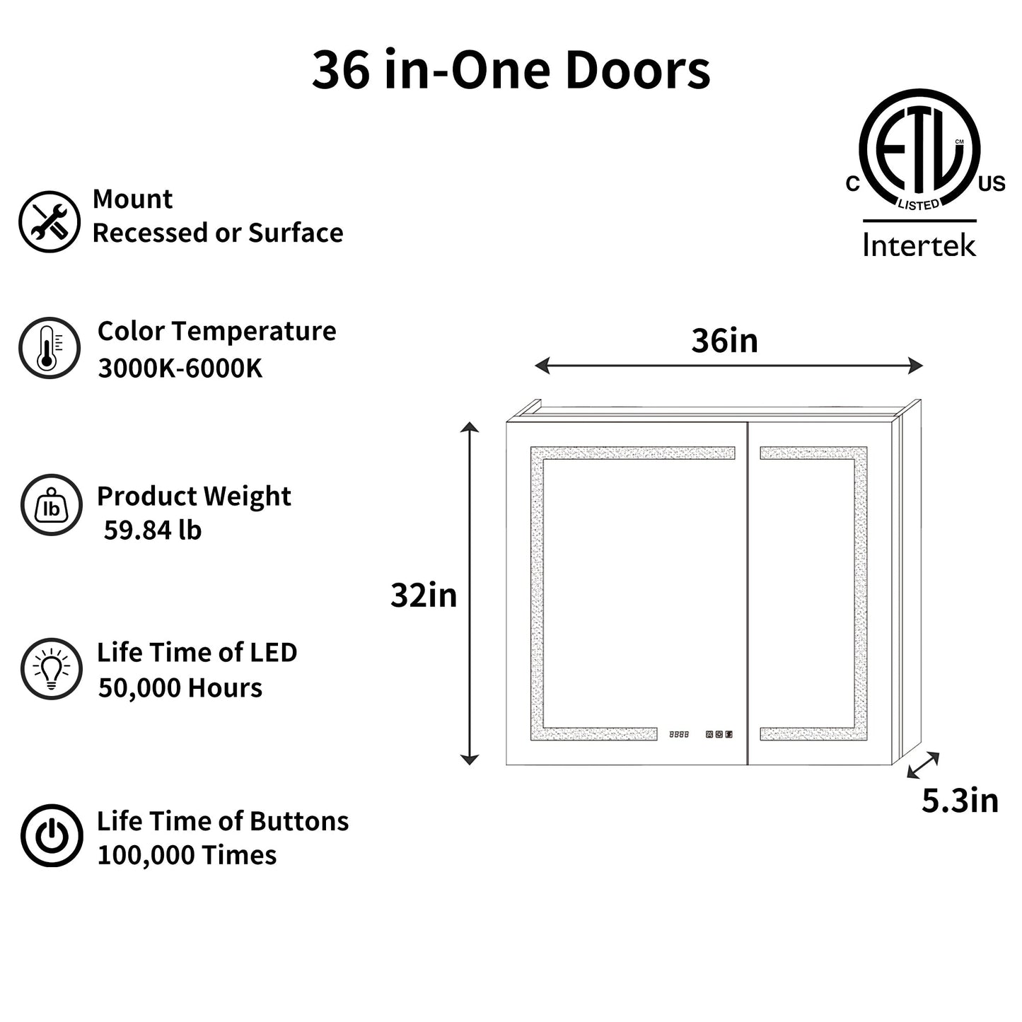 ExBrite Ethos 36-in x 32-in Lighted LED Fog Free Surface/Recessed Mount Silver Mirrored Soft Close Medicine Cabinet with Outlet