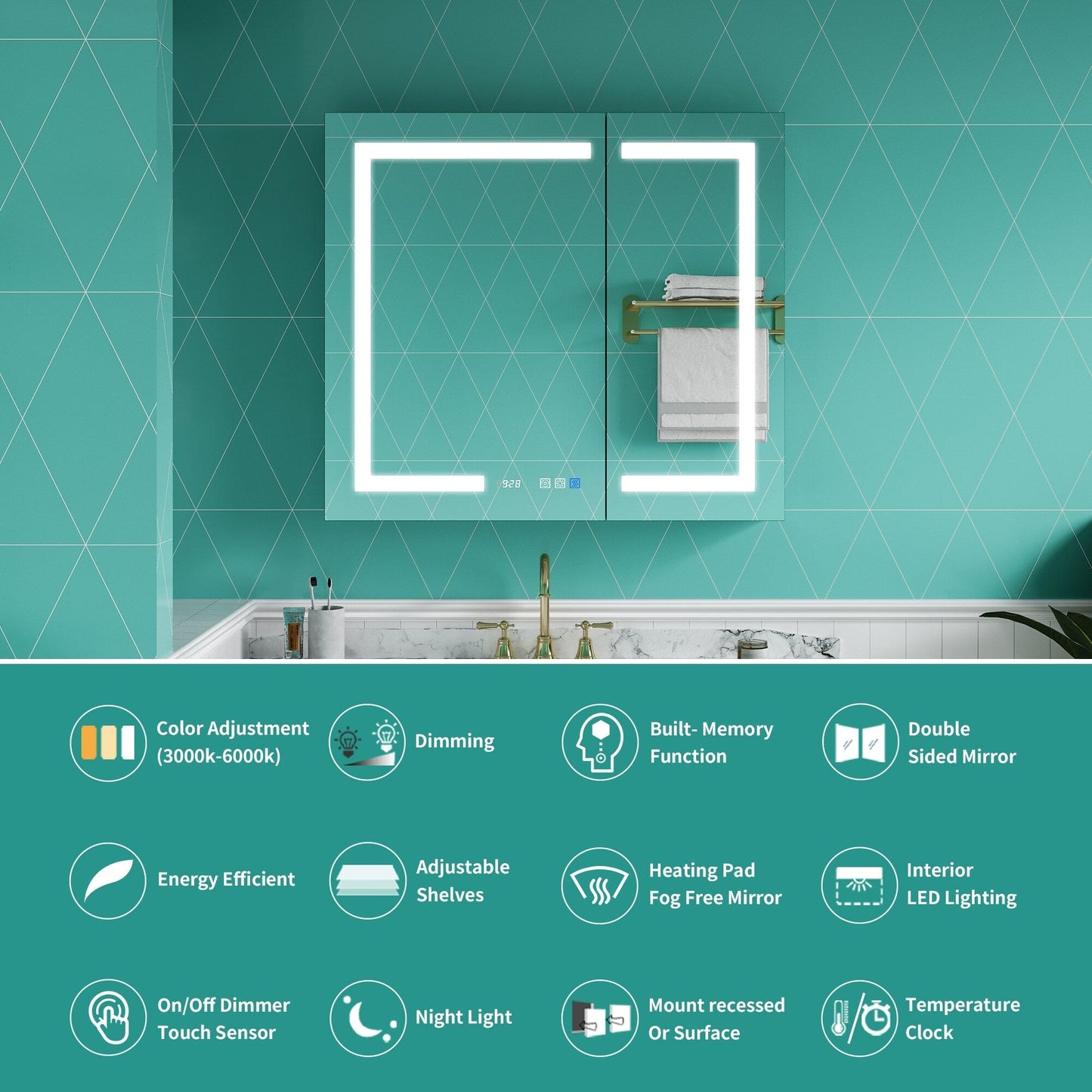 ExBrite Ethos 36-in x 32-in Lighted LED Fog Free Surface/Recessed Mount Silver Mirrored Soft Close Medicine Cabinet with Outlet